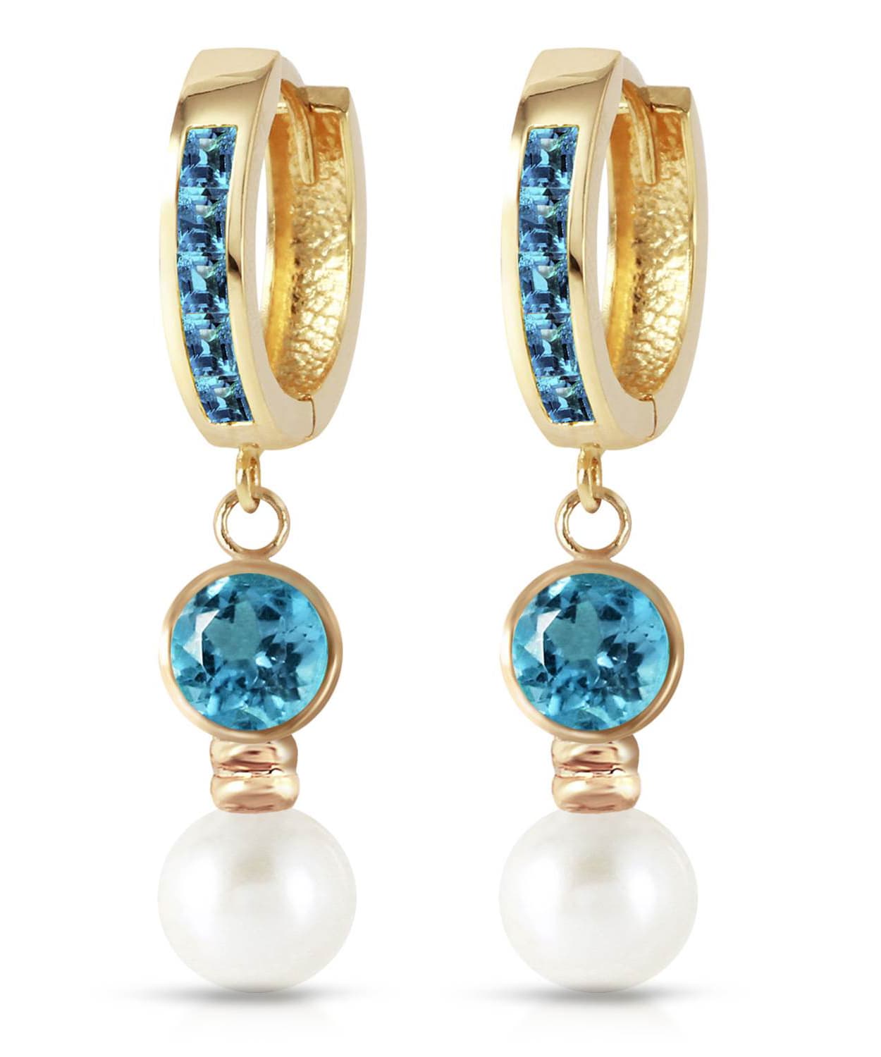 2.30 ctw Natural Freshwater Pearl and Swiss Blue Topaz 14k Gold Dangle Hoop Earrings View 1