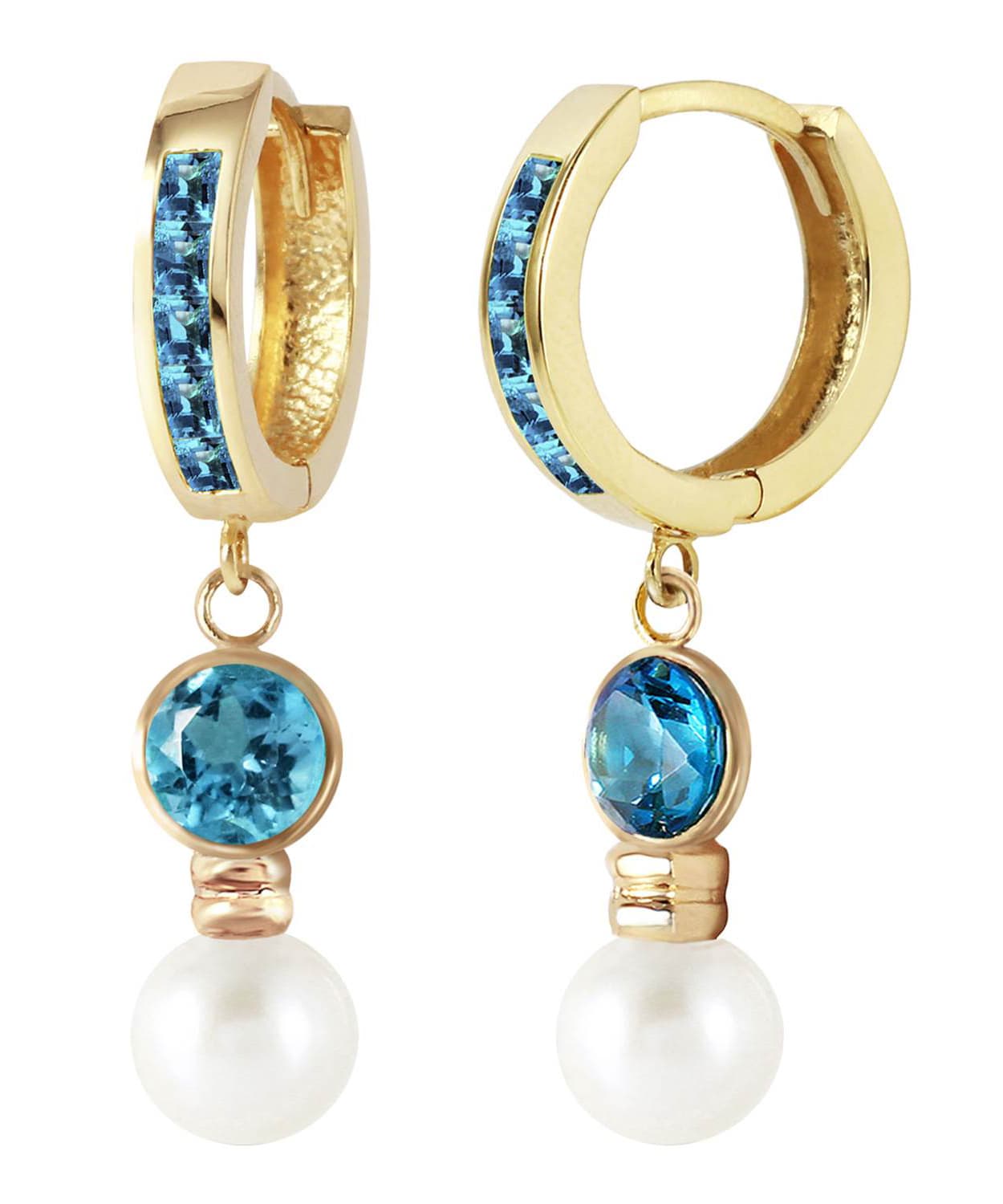 2.30 ctw Natural Freshwater Pearl and Swiss Blue Topaz 14k Gold Dangle Hoop Earrings View 2