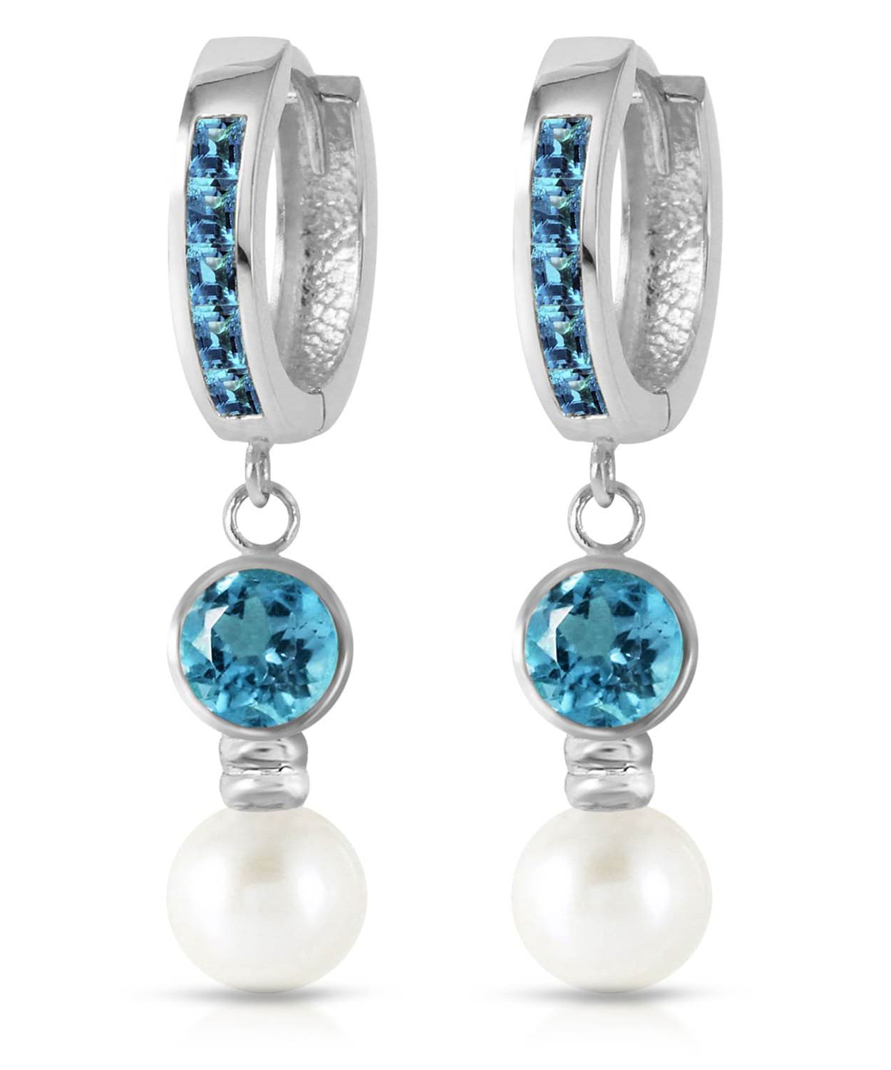 2.30 ctw Natural Freshwater Pearl and Swiss Blue Topaz 14k Gold Dangle Hoop Earrings View 3