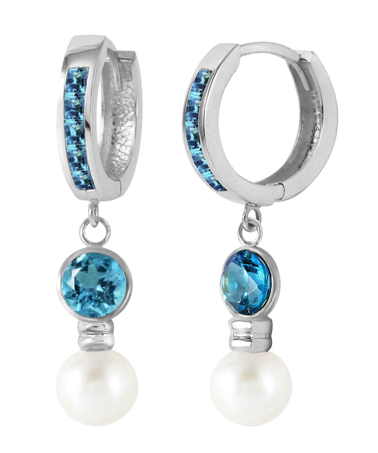 2.30 ctw Natural Freshwater Pearl and Swiss Blue Topaz 14k Gold Dangle Hoop Earrings View 4