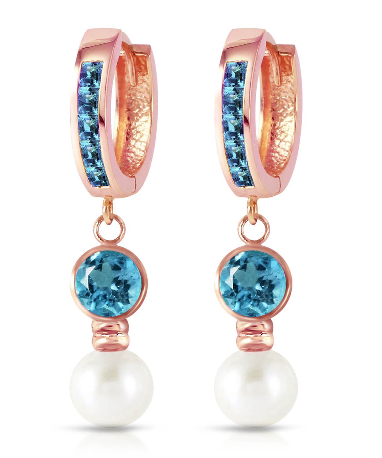 2.30 ctw Natural Freshwater Pearl and Swiss Blue Topaz 14k Gold Dangle Hoop Earrings View 5