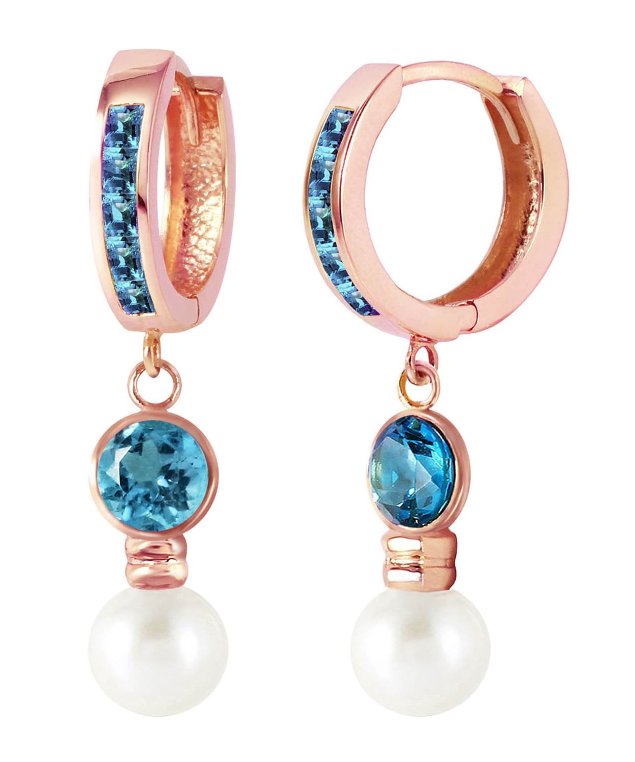 2.30 ctw Natural Freshwater Pearl and Swiss Blue Topaz 14k Gold Dangle Hoop Earrings View 6