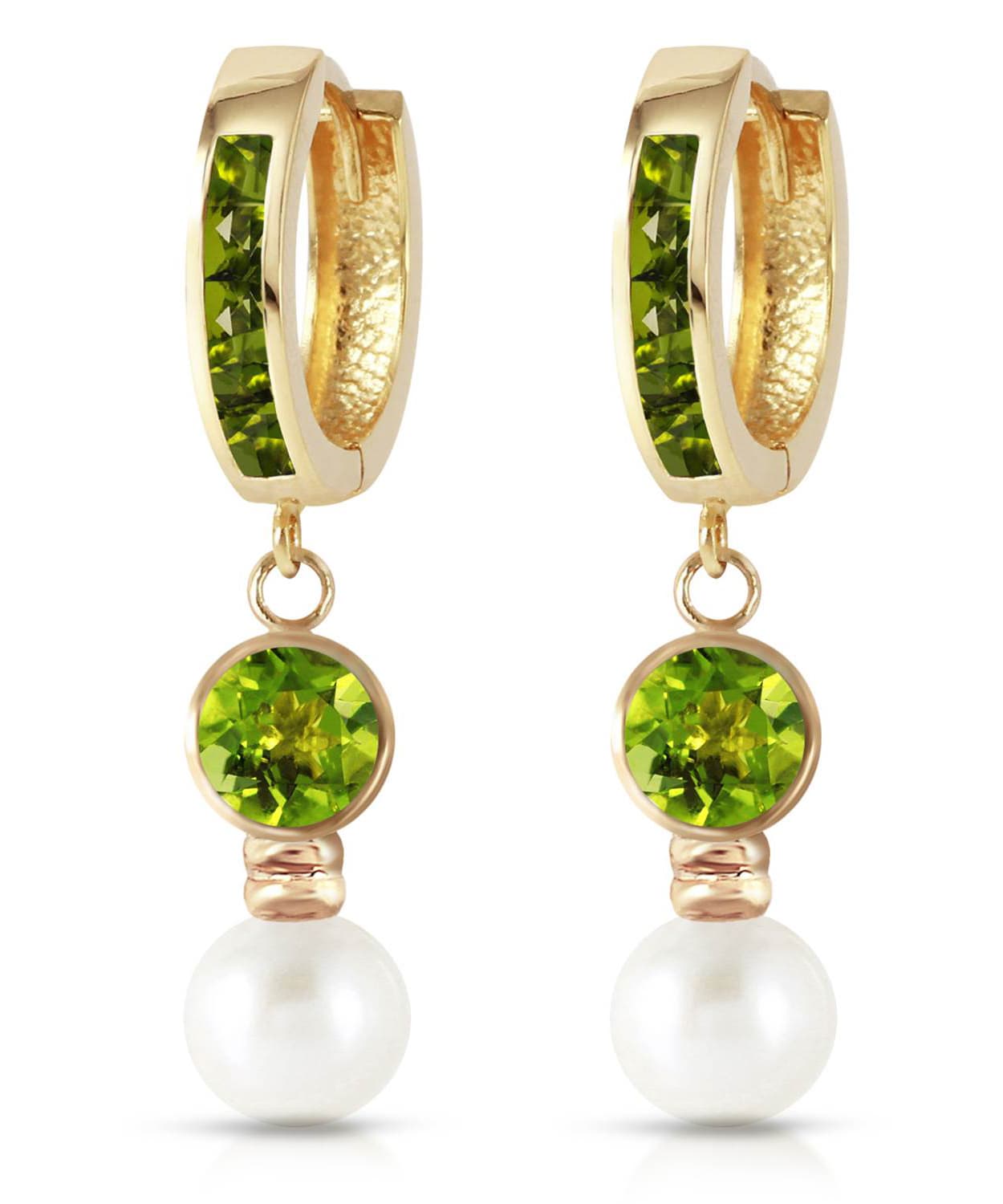 2.20 ctw Natural Freshwater Pearl and Lime Peridot 14k Gold Dangle Hoop Earrings View 1