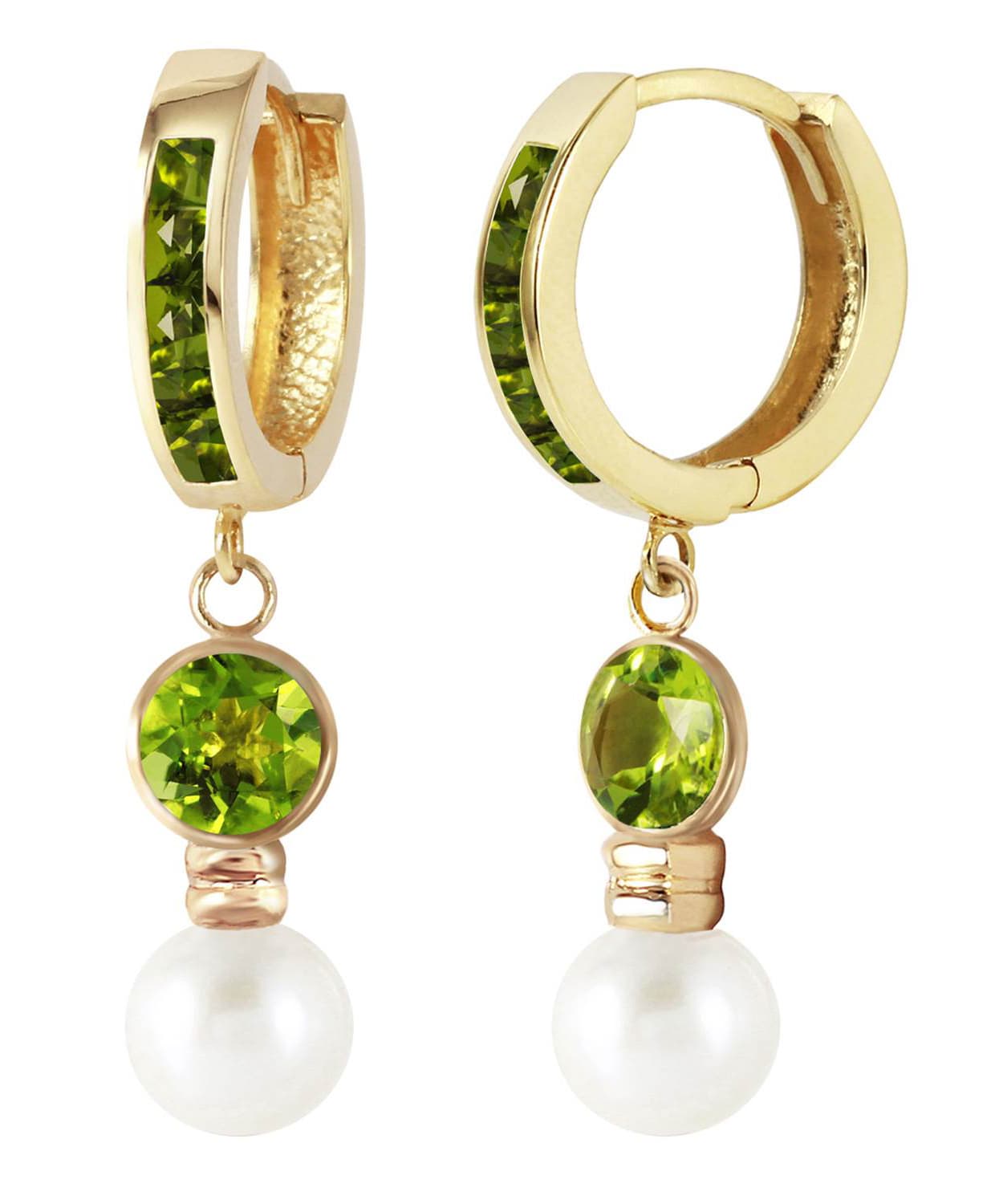 2.20 ctw Natural Freshwater Pearl and Lime Peridot 14k Gold Dangle Hoop Earrings View 2