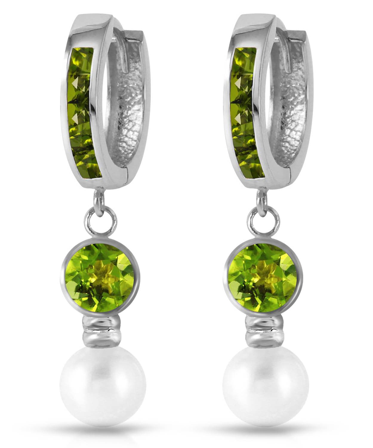 2.20 ctw Natural Freshwater Pearl and Lime Peridot 14k Gold Dangle Hoop Earrings View 3