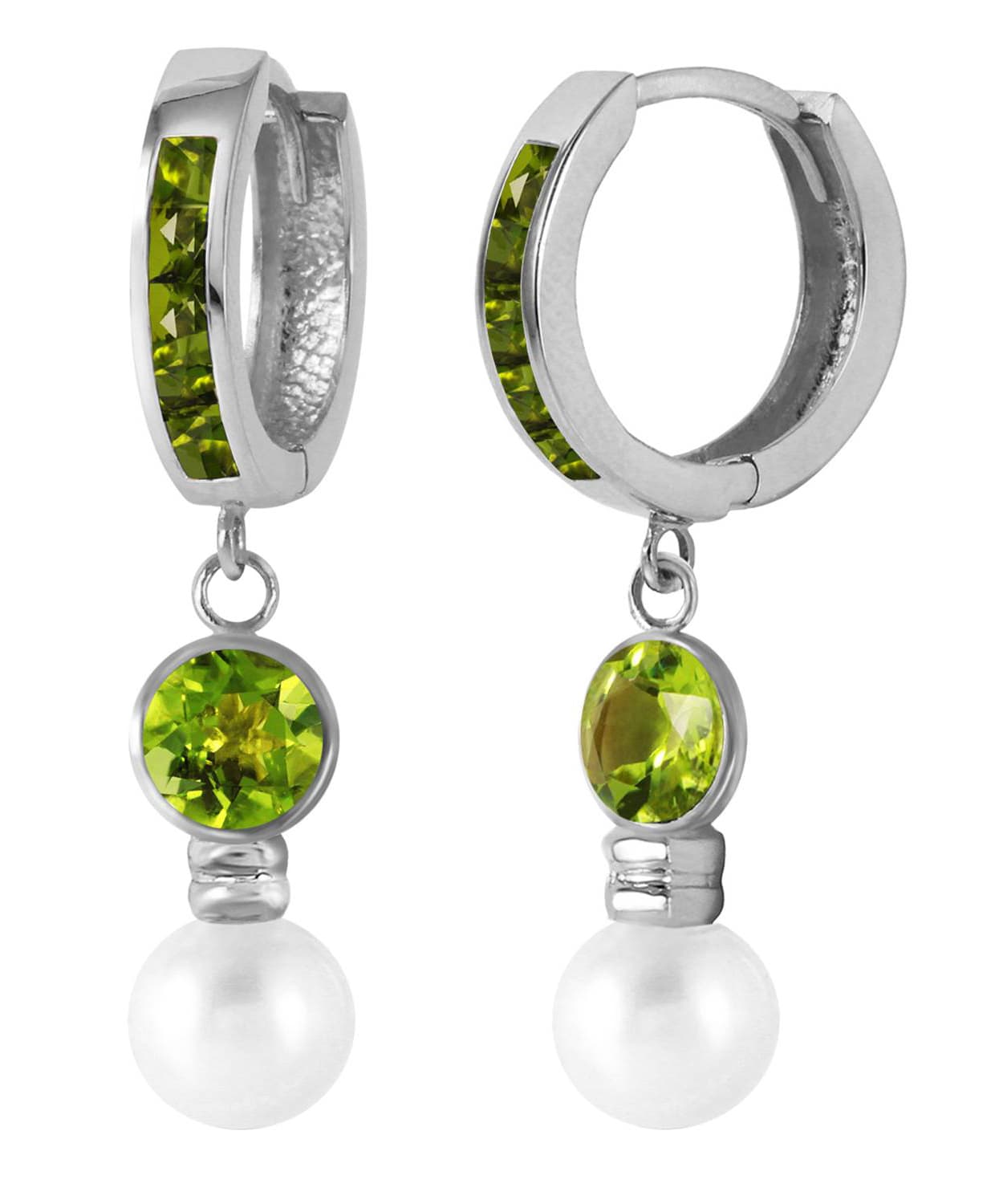 2.20 ctw Natural Freshwater Pearl and Lime Peridot 14k Gold Dangle Hoop Earrings View 4
