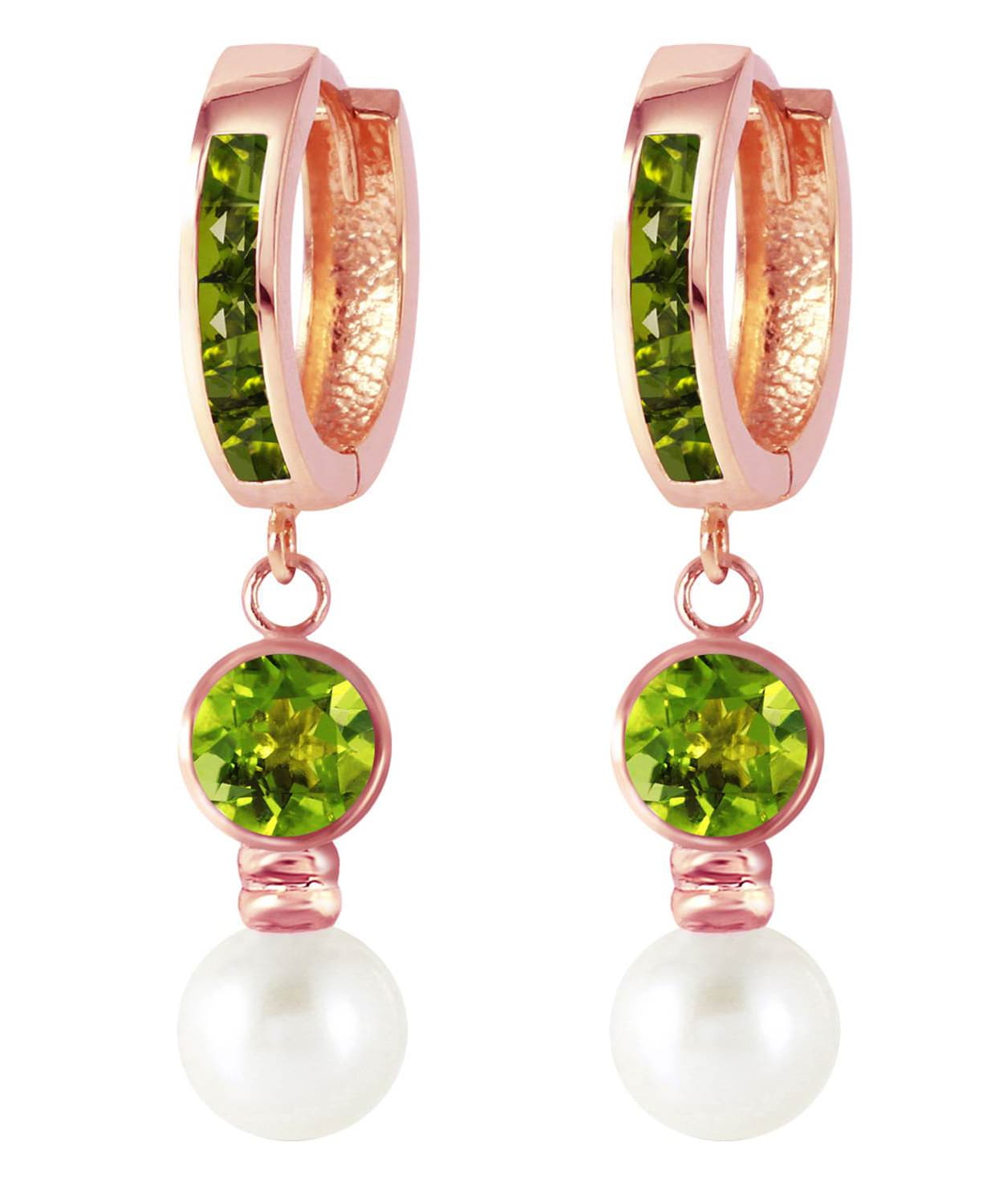 2.20 ctw Natural Freshwater Pearl and Lime Peridot 14k Gold Dangle Hoop Earrings View 5