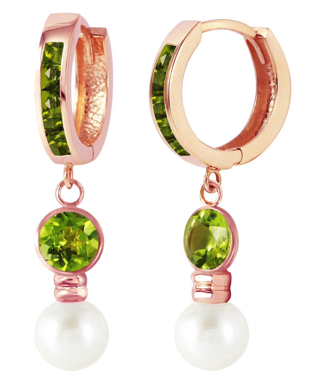 2.20 ctw Natural Freshwater Pearl and Lime Peridot 14k Gold Dangle Hoop Earrings View 6