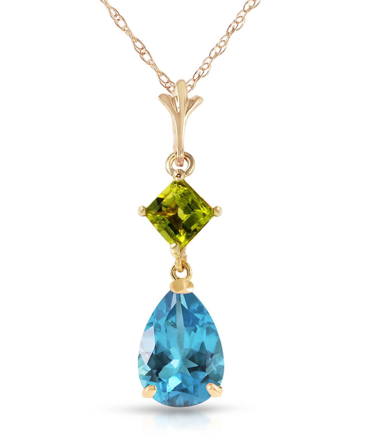2.00 ctw Natural Swiss Blue Topaz and Lime Peridot 14k Gold Teardrop Pendant With Chain View 1