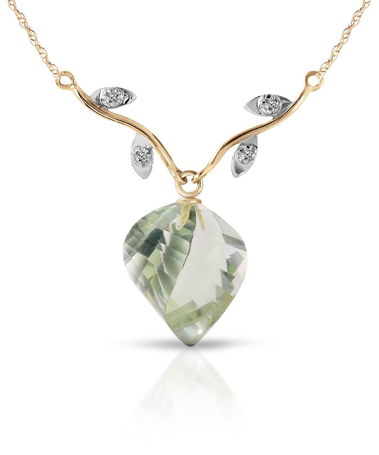 13.05 ctw Natural Green Amethyst and Diamond 14k Gold Leaf Necklace View 1