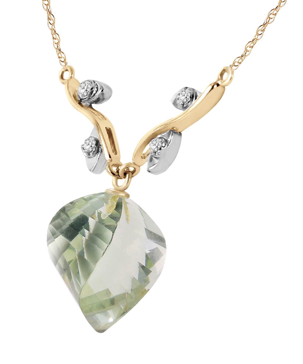 13.05 ctw Natural Green Amethyst and Diamond 14k Gold Leaf Necklace View 2