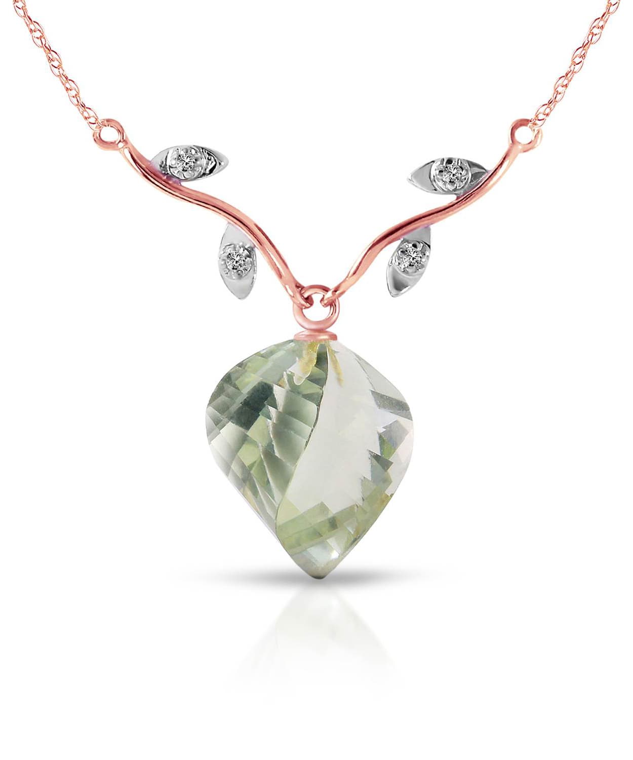 13.05 ctw Natural Green Amethyst and Diamond 14k Gold Leaf Necklace View 5
