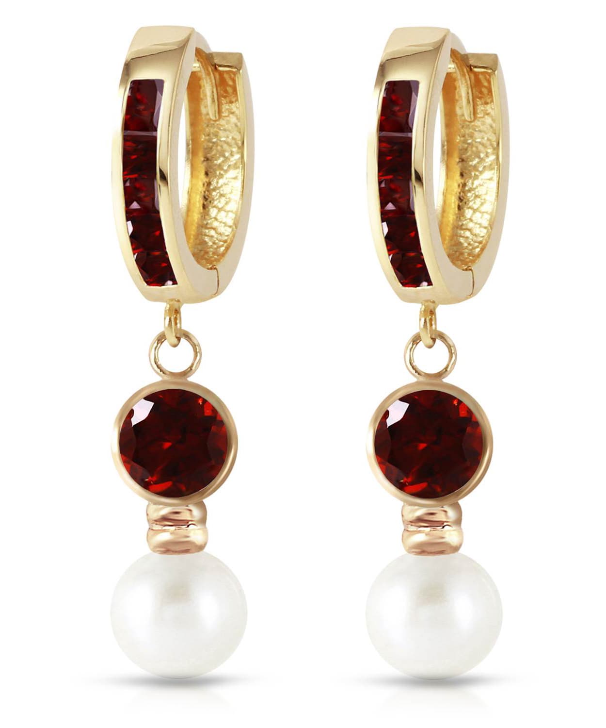 2.53 ctw Natural Pomegranate Garnet and Freshwater Pearl 14k Gold Dangle Hoop Earrings View 1