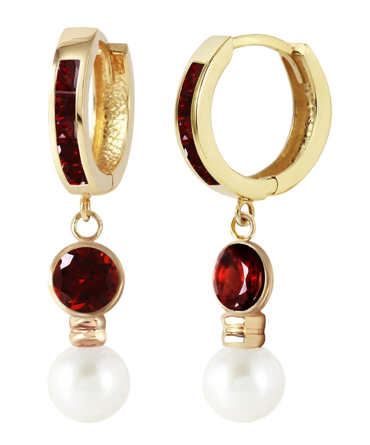 2.53 ctw Natural Pomegranate Garnet and Freshwater Pearl 14k Gold Dangle Hoop Earrings View 2