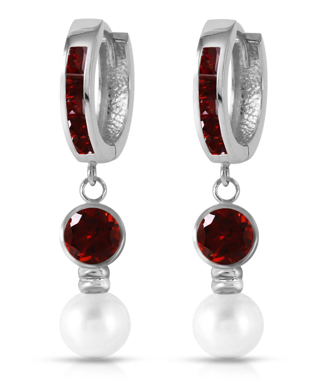 2.53 ctw Natural Pomegranate Garnet and Freshwater Pearl 14k Gold Dangle Hoop Earrings View 3