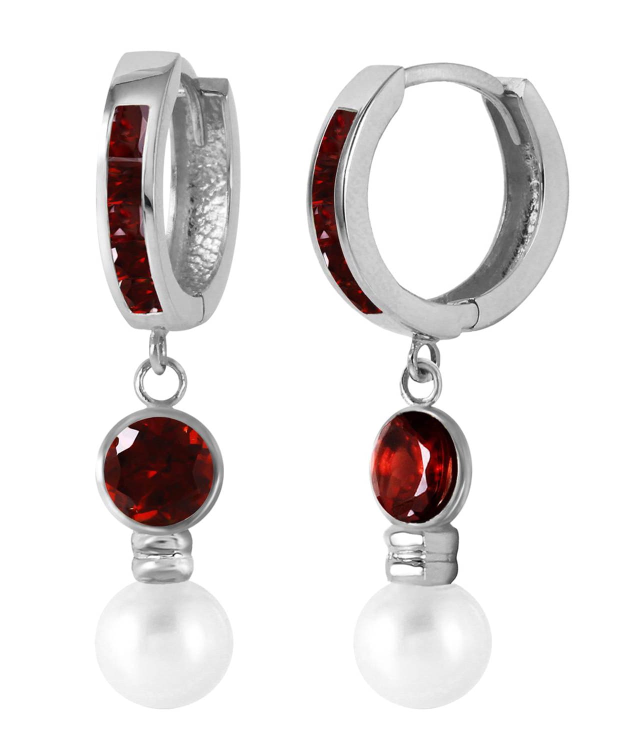 2.53 ctw Natural Pomegranate Garnet and Freshwater Pearl 14k Gold Dangle Hoop Earrings View 4