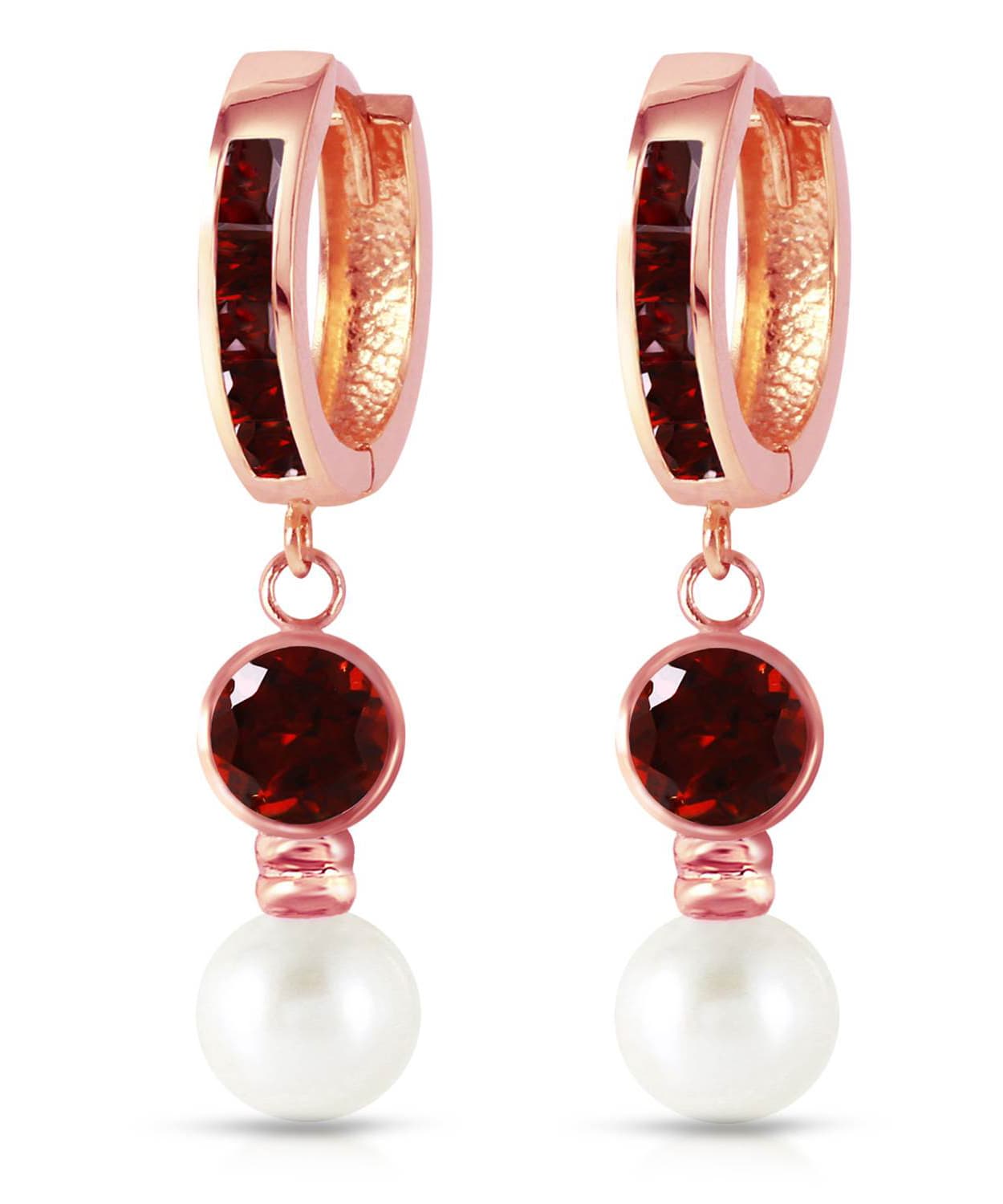 2.53 ctw Natural Pomegranate Garnet and Freshwater Pearl 14k Gold Dangle Hoop Earrings View 5