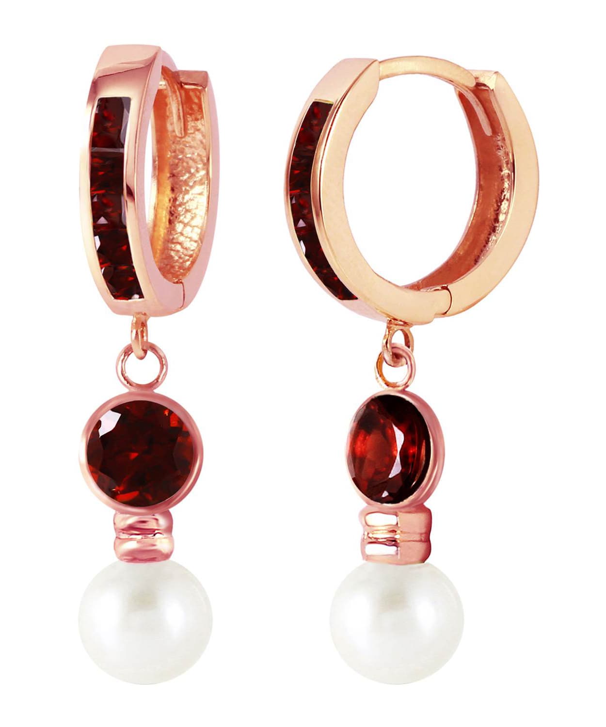 2.53 ctw Natural Pomegranate Garnet and Freshwater Pearl 14k Gold Dangle Hoop Earrings View 6