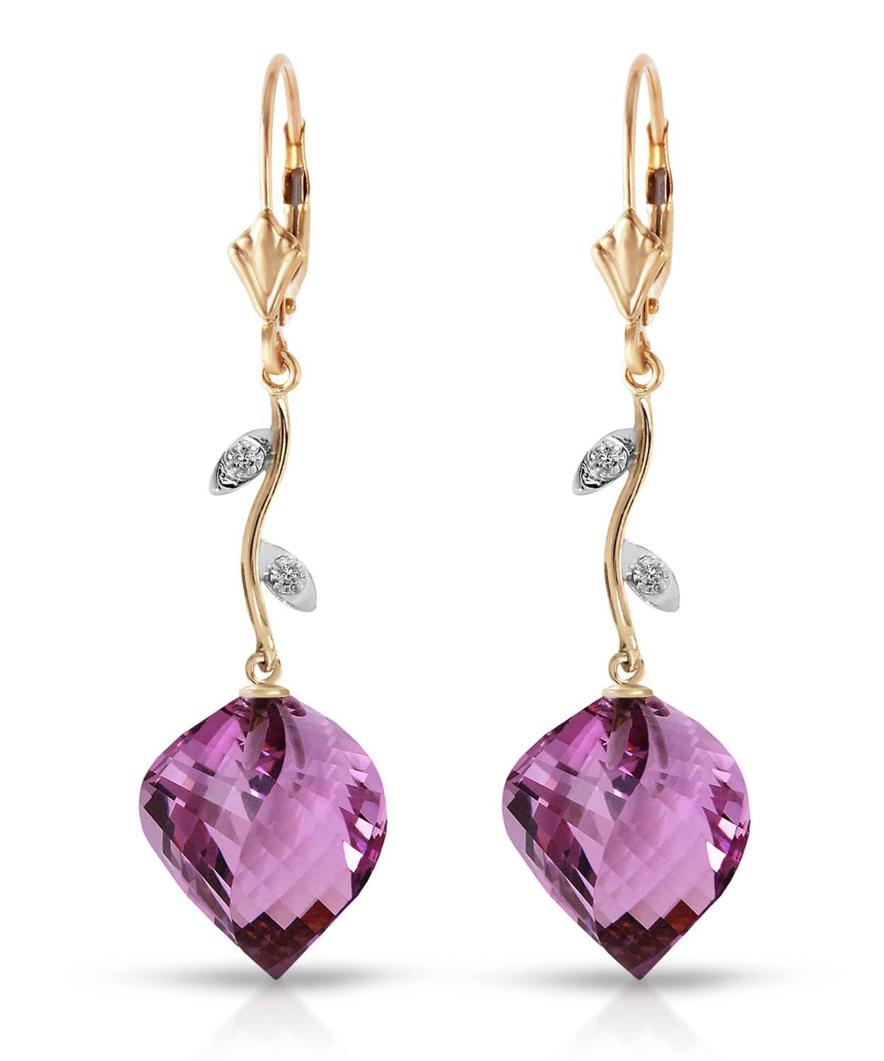21.55 ctw Natural Amethyst and Diamond 14k Gold Leaf Dangle Earrings View 1