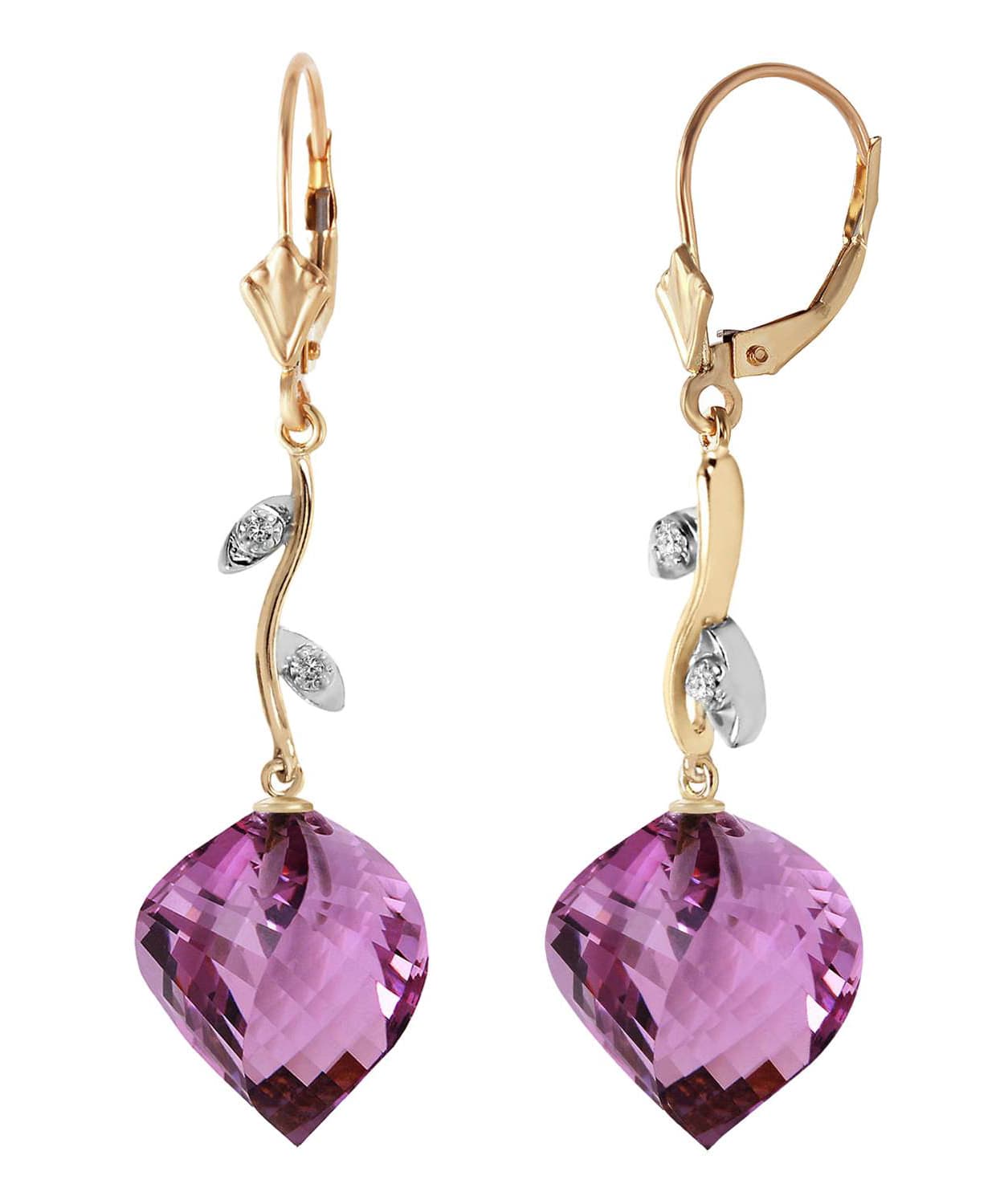 21.55 ctw Natural Amethyst and Diamond 14k Gold Leaf Dangle Earrings View 2