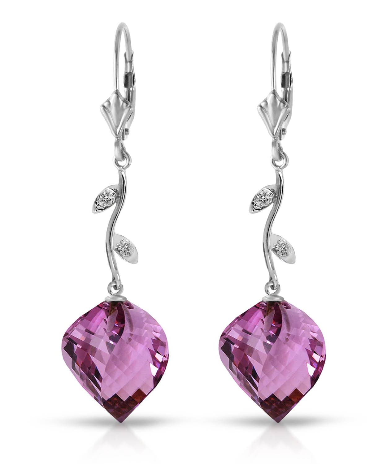 21.55 ctw Natural Amethyst and Diamond 14k Gold Leaf Dangle Earrings View 3