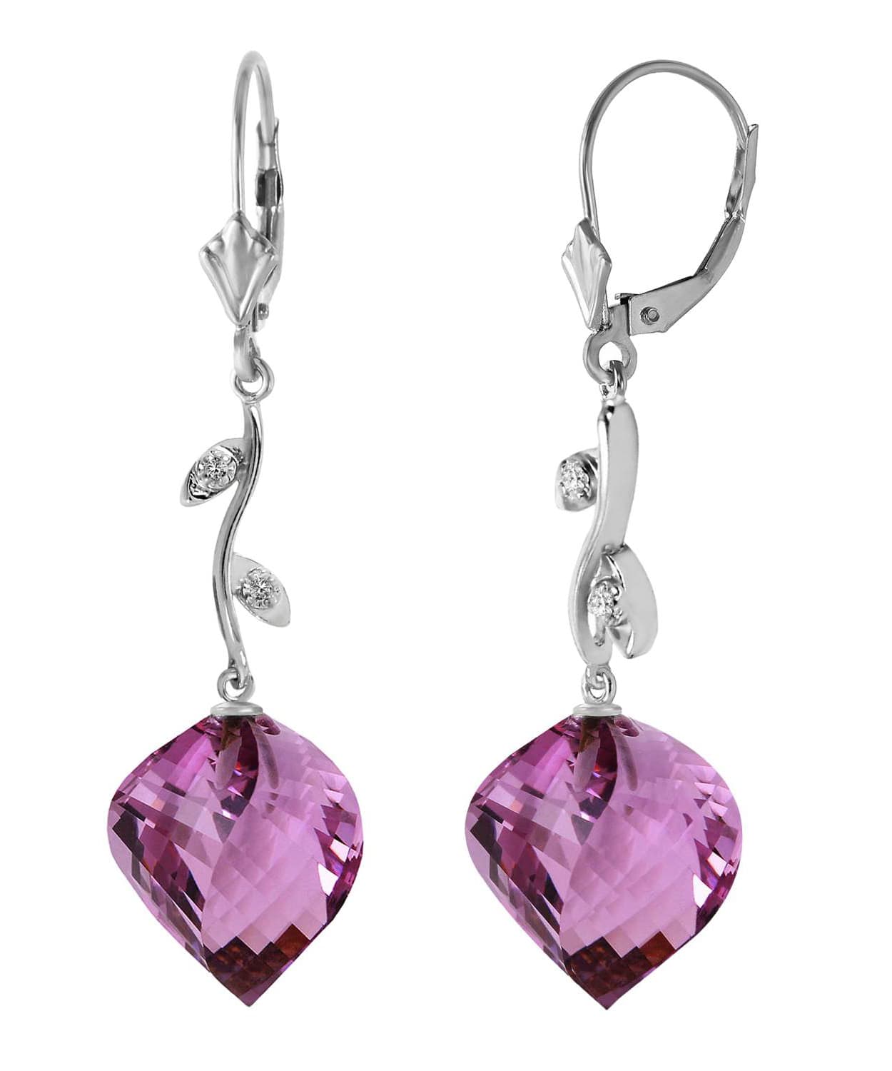 21.55 ctw Natural Amethyst and Diamond 14k Gold Leaf Dangle Earrings View 4