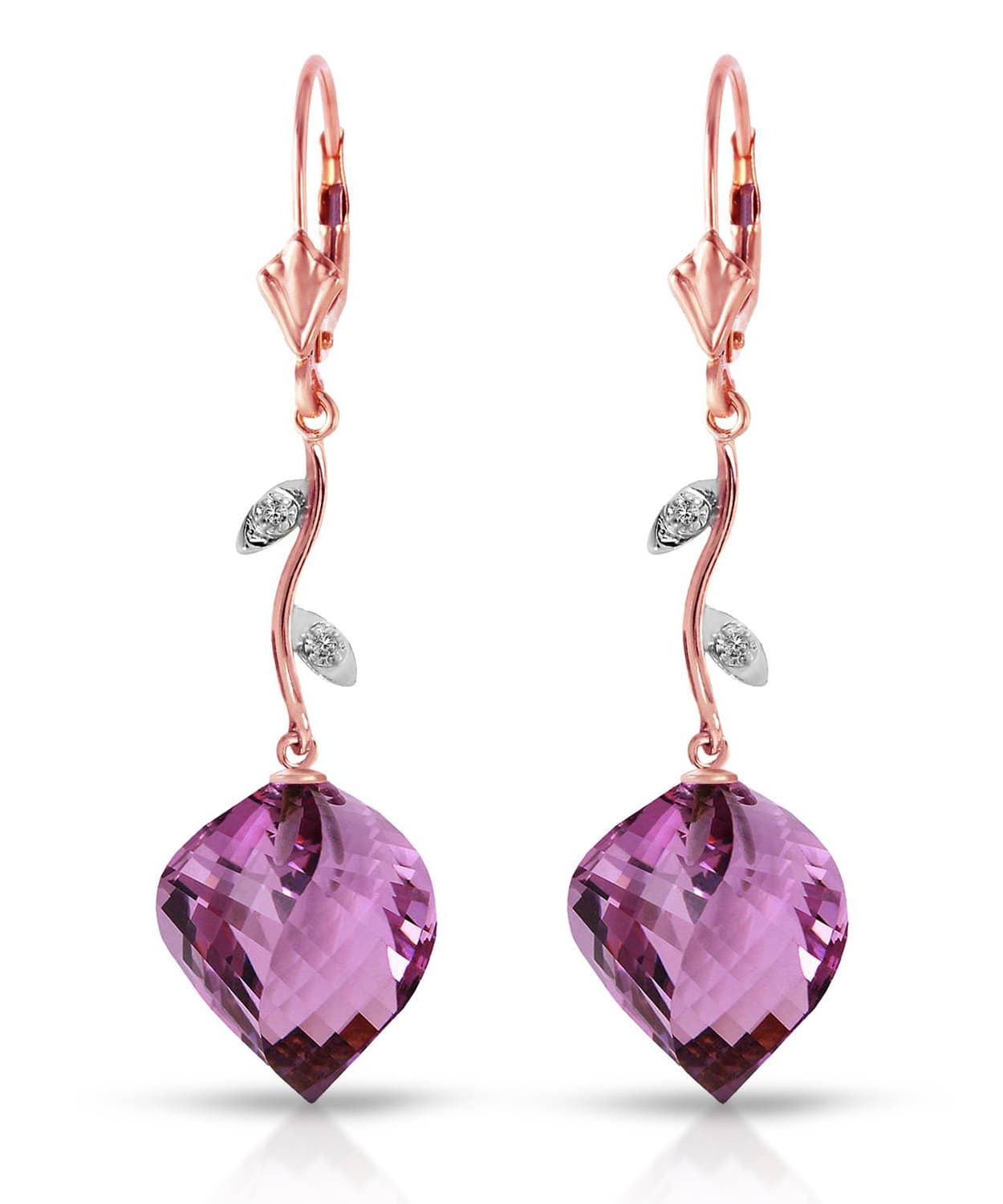 21.55 ctw Natural Amethyst and Diamond 14k Gold Leaf Dangle Earrings View 5