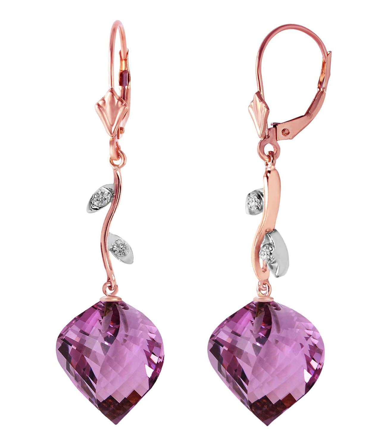 21.55 ctw Natural Amethyst and Diamond 14k Gold Leaf Dangle Earrings View 6