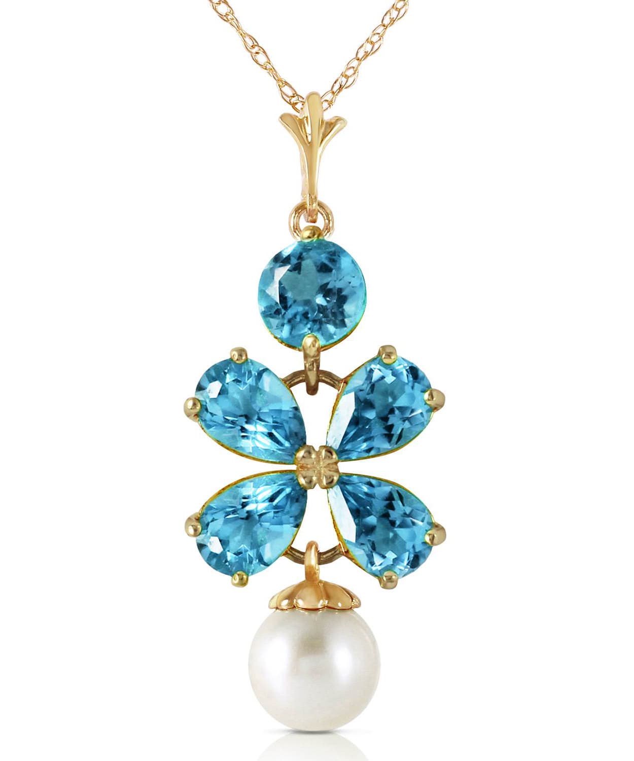 3.18 ctw Natural Swiss Blue Topaz and Freshwater Pearl 14k Gold Dangle Pendant With Chain View 1