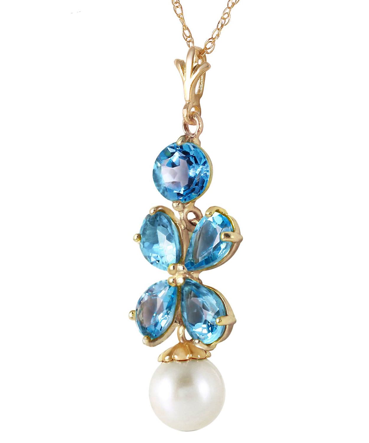 3.18 ctw Natural Swiss Blue Topaz and Freshwater Pearl 14k Gold Dangle Pendant With Chain View 2