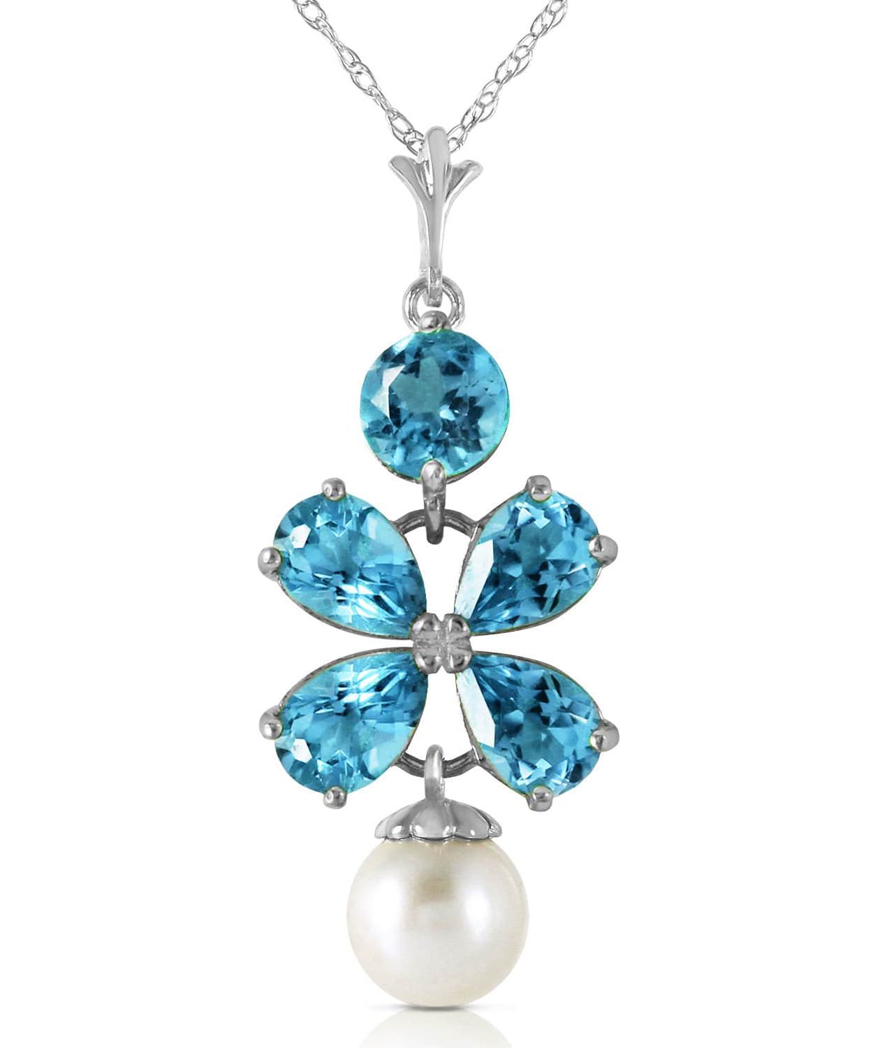 3.18 ctw Natural Swiss Blue Topaz and Freshwater Pearl 14k Gold Dangle Pendant With Chain View 3