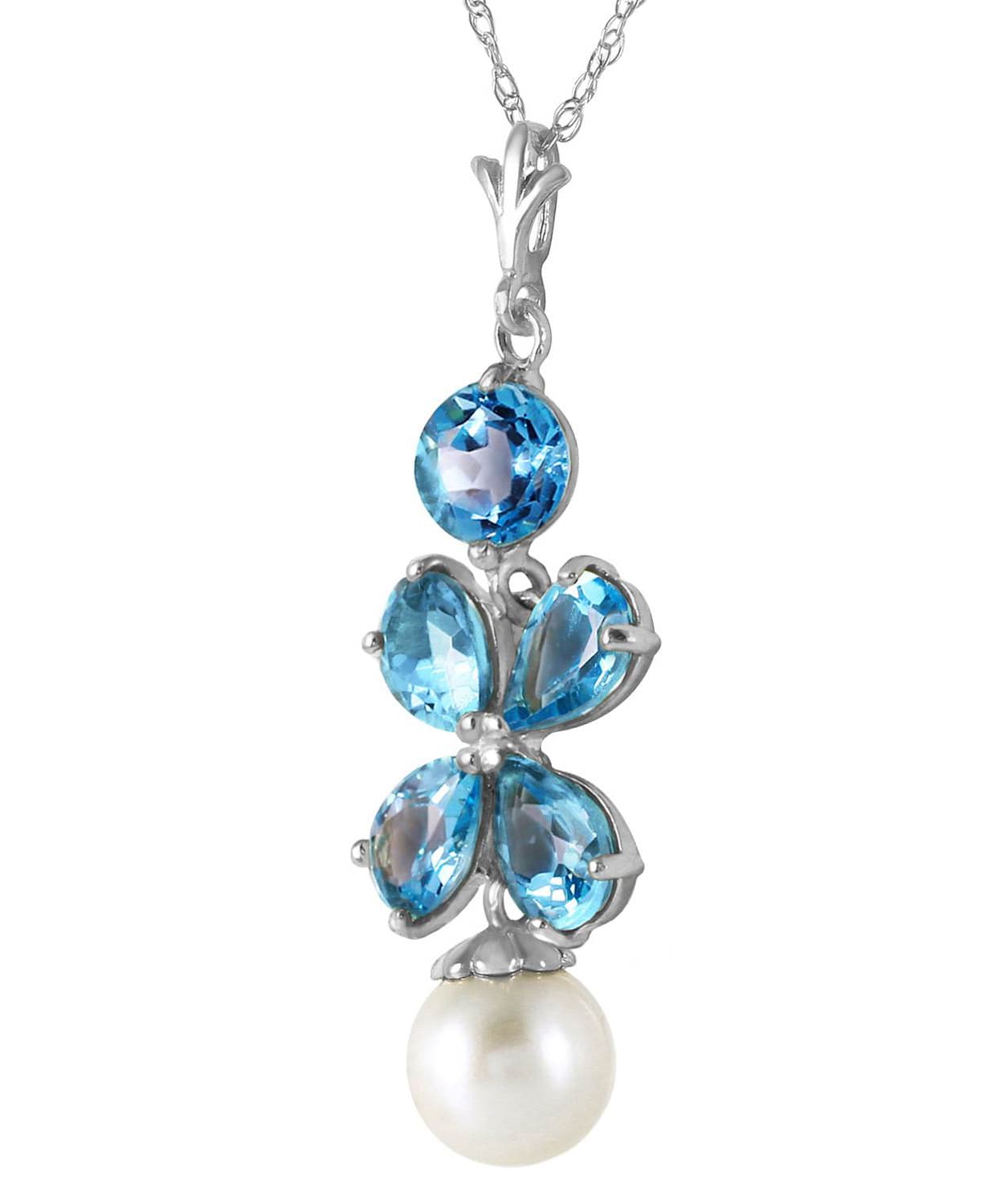 3.18 ctw Natural Swiss Blue Topaz and Freshwater Pearl 14k Gold Dangle Pendant With Chain View 4