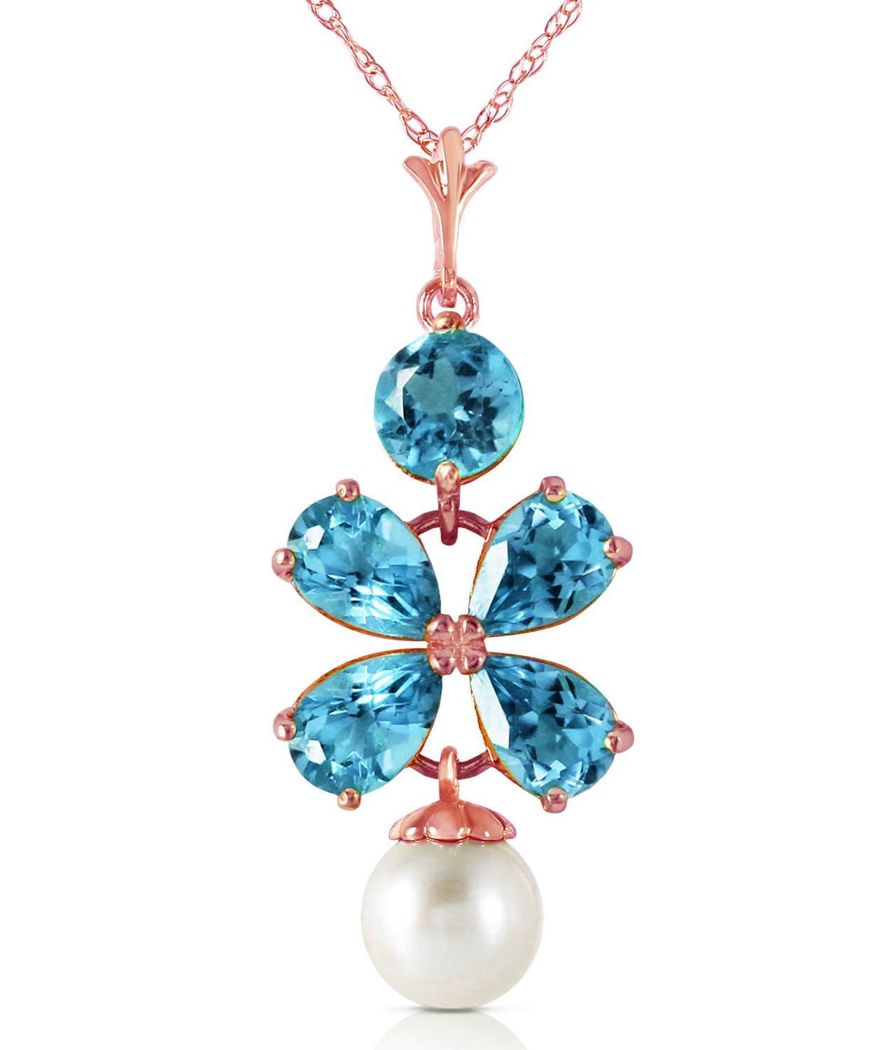 3.18 ctw Natural Swiss Blue Topaz and Freshwater Pearl 14k Gold Dangle Pendant With Chain View 5