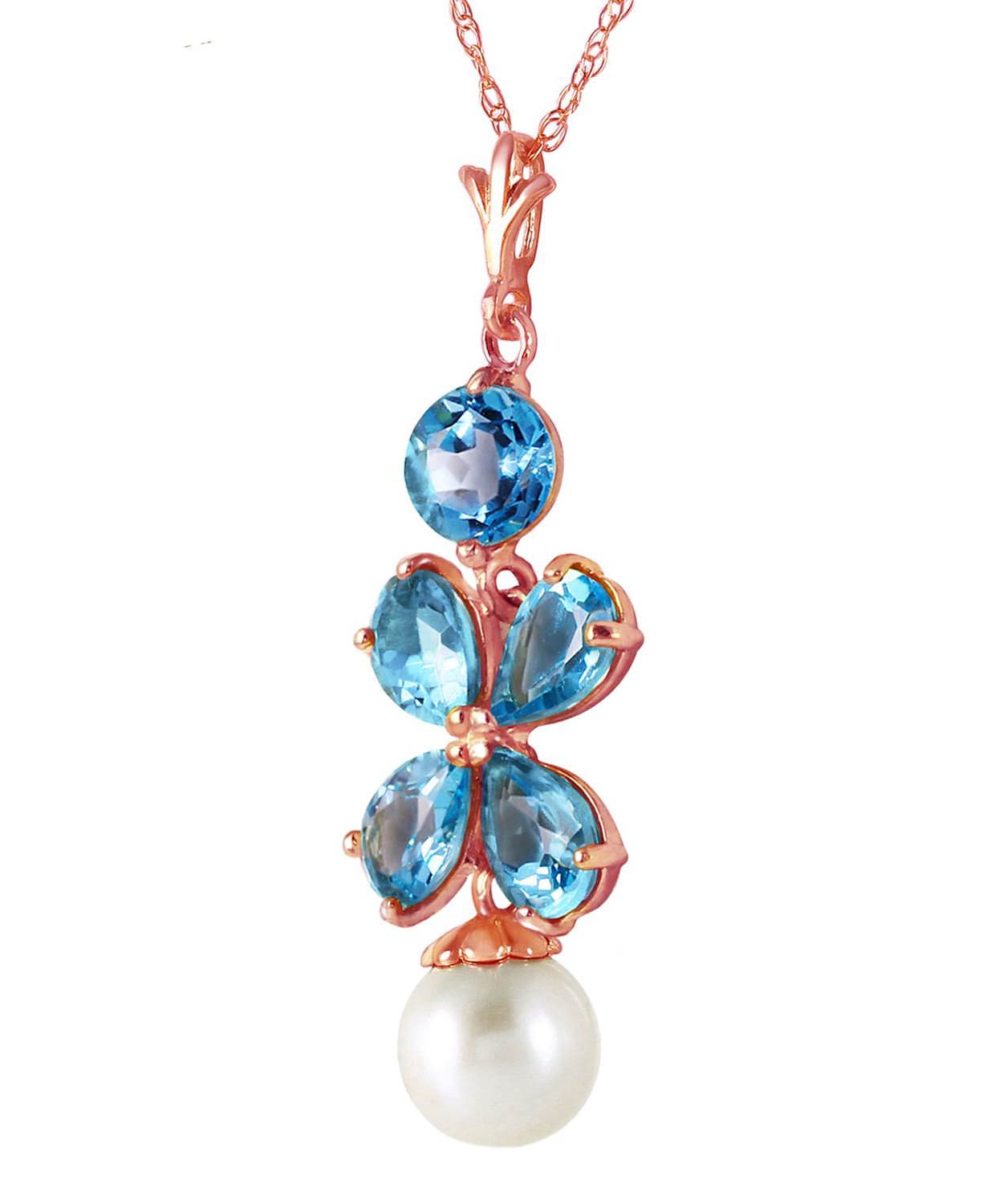 3.18 ctw Natural Swiss Blue Topaz and Freshwater Pearl 14k Gold Dangle Pendant With Chain View 6