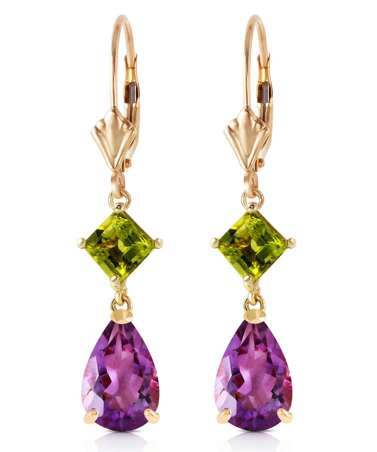 4.53 ctw Natural Amethyst and Lime Peridot 14k Gold Teardrop Dangle Earrings View 1