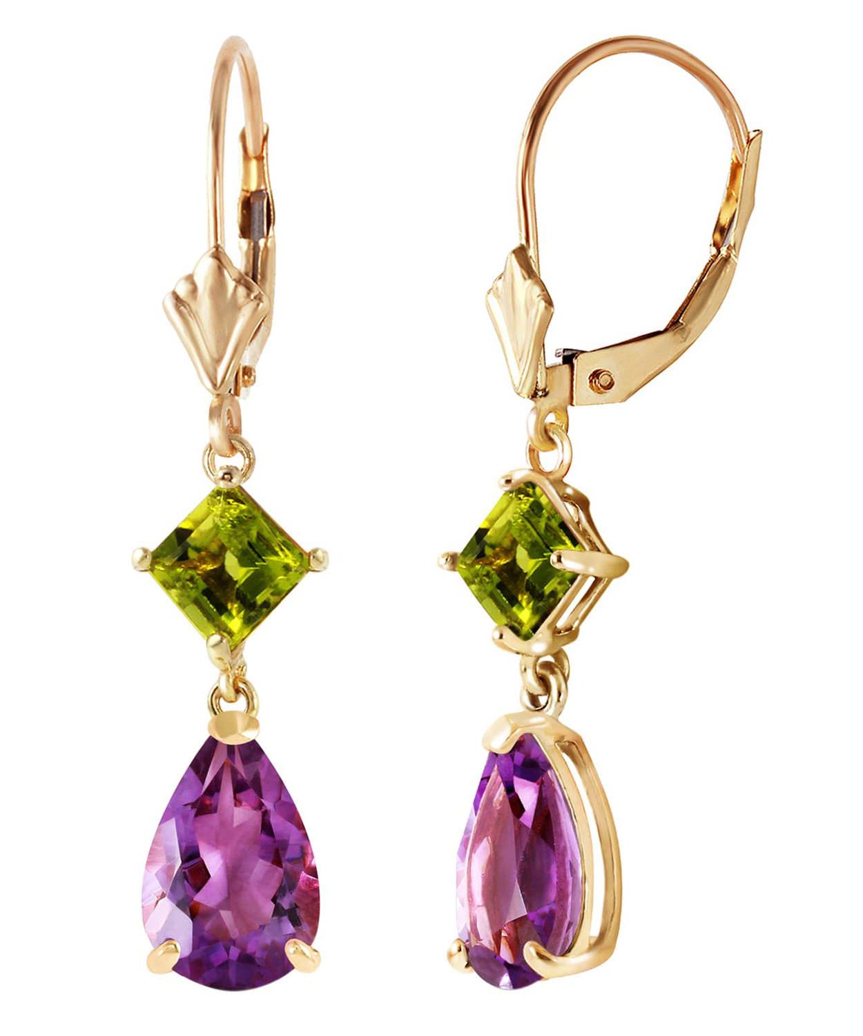 4.53 ctw Natural Amethyst and Lime Peridot 14k Gold Teardrop Dangle Earrings View 2