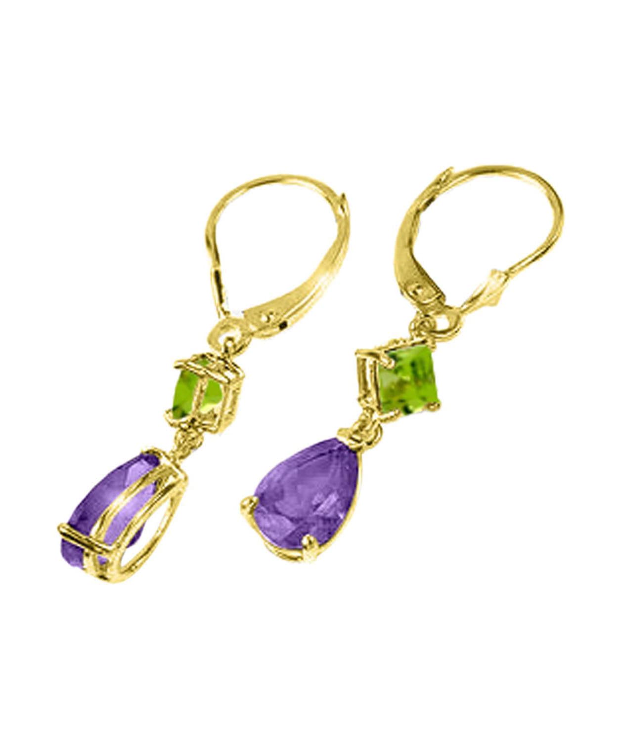4.53 ctw Natural Amethyst and Lime Peridot 14k Gold Teardrop Dangle Earrings View 3