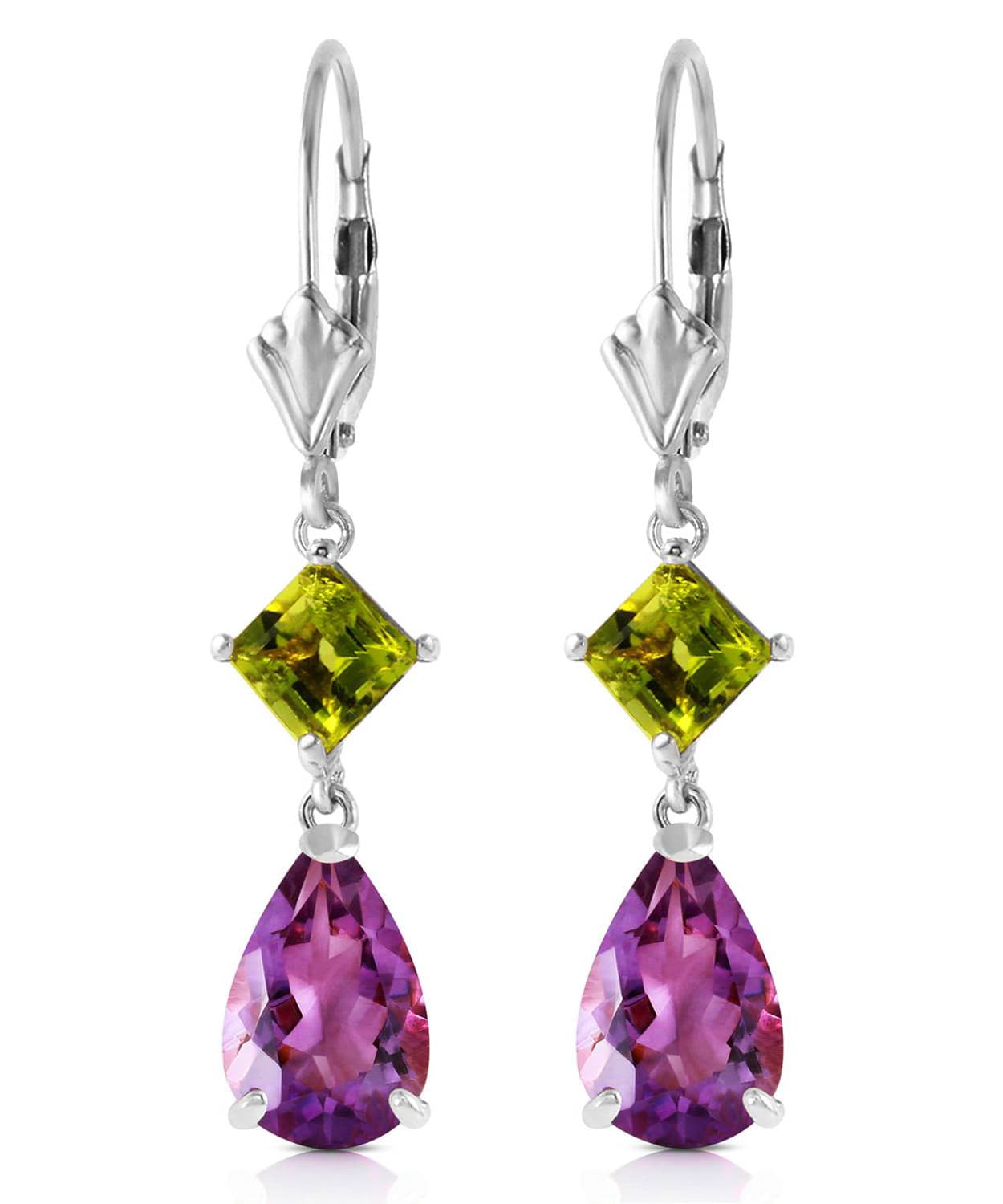 4.53 ctw Natural Amethyst and Lime Peridot 14k Gold Teardrop Dangle Earrings View 4