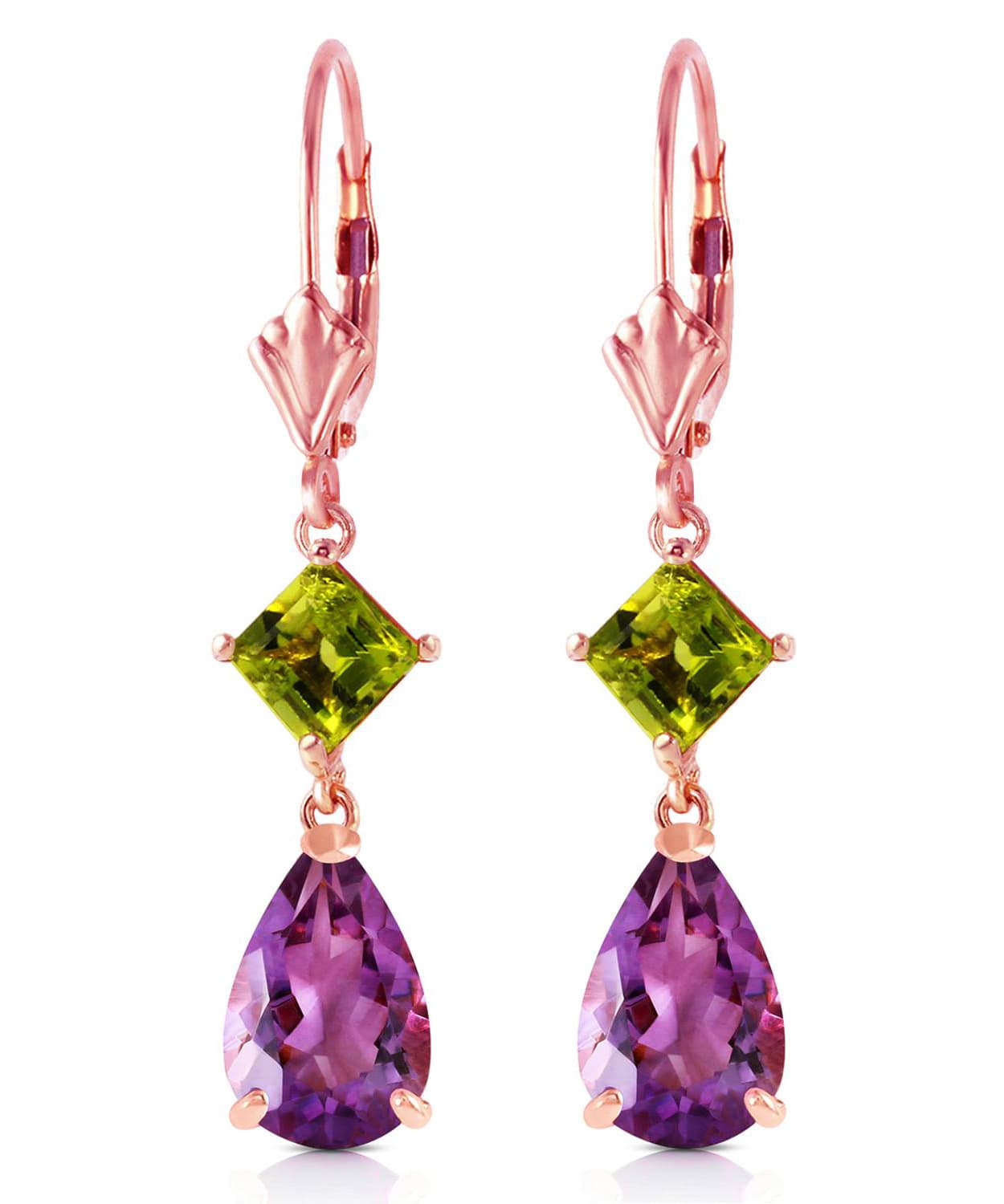 4.53 ctw Natural Amethyst and Lime Peridot 14k Gold Teardrop Dangle Earrings View 7