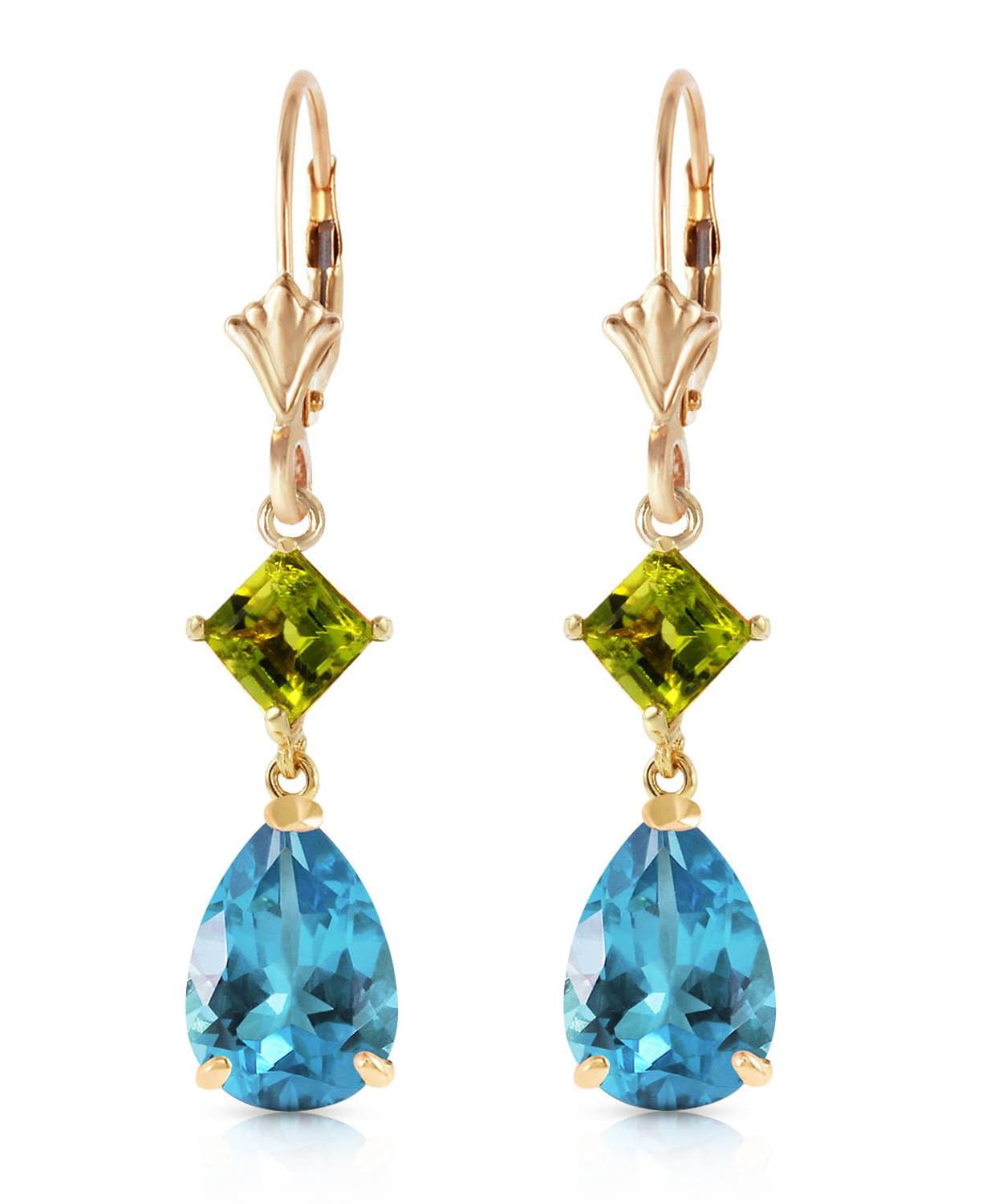 4.53 ctw Natural Swiss Blue Topaz and Lime Peridot 14k Gold Teardrop Dangle Earrings View 1