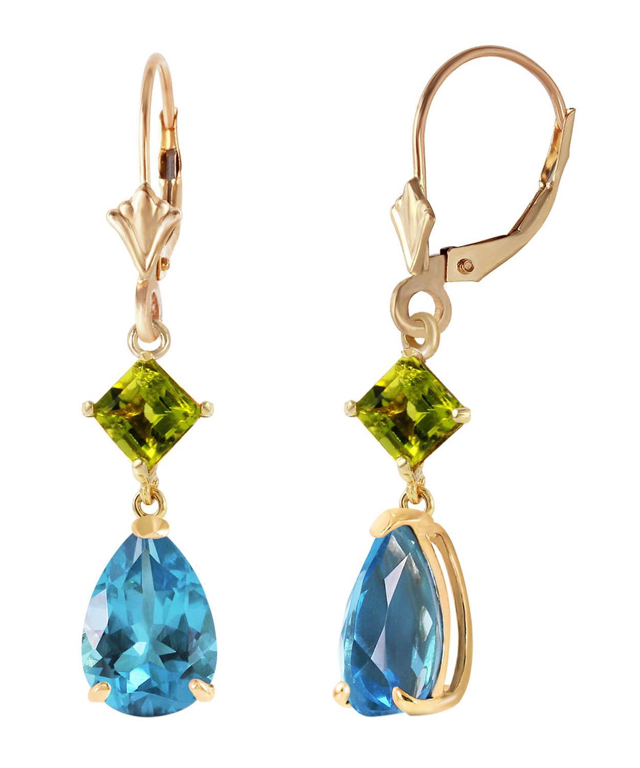 4.53 ctw Natural Swiss Blue Topaz and Lime Peridot 14k Gold Teardrop Dangle Earrings View 2