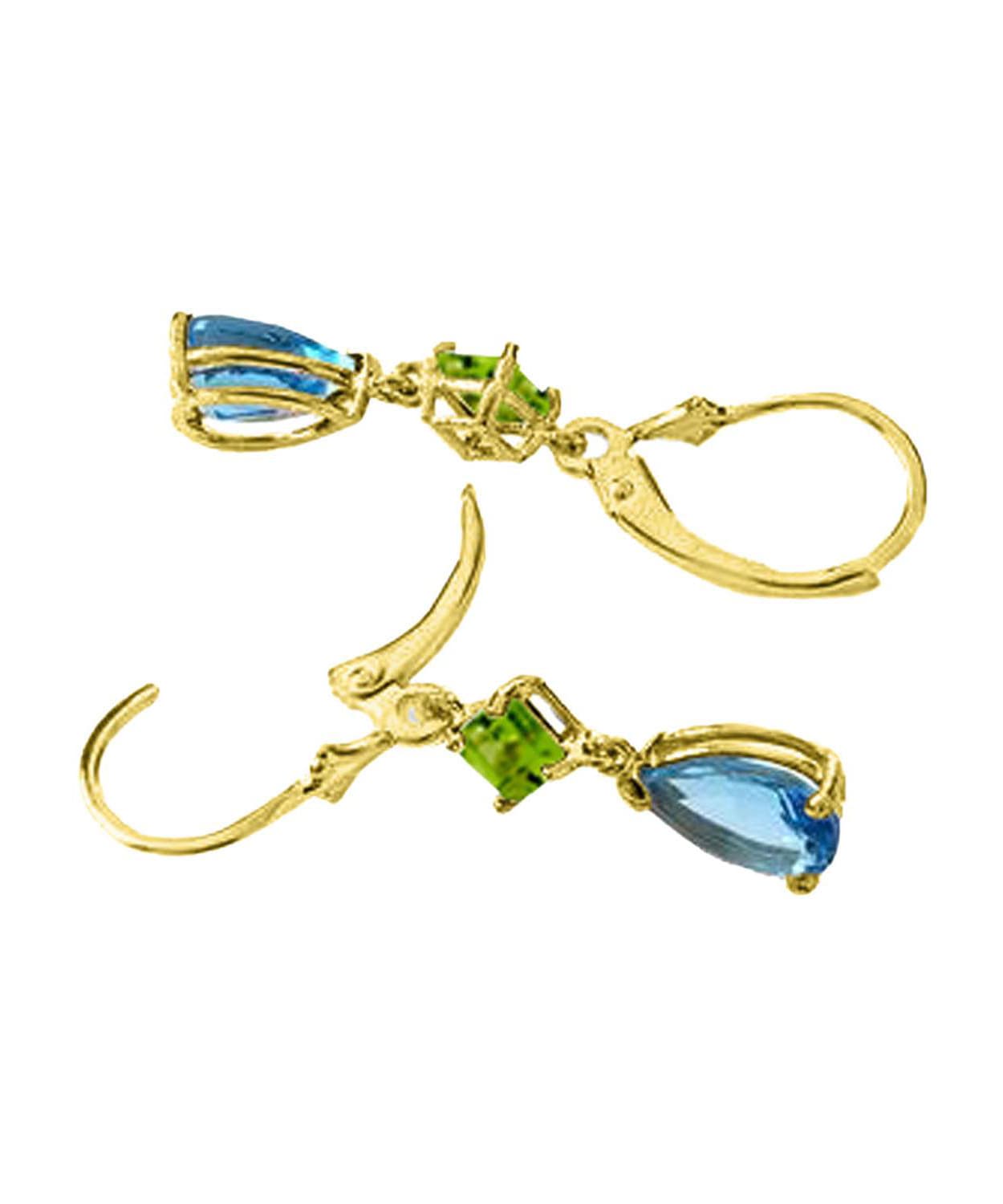 4.53 ctw Natural Swiss Blue Topaz and Lime Peridot 14k Gold Teardrop Dangle Earrings View 3