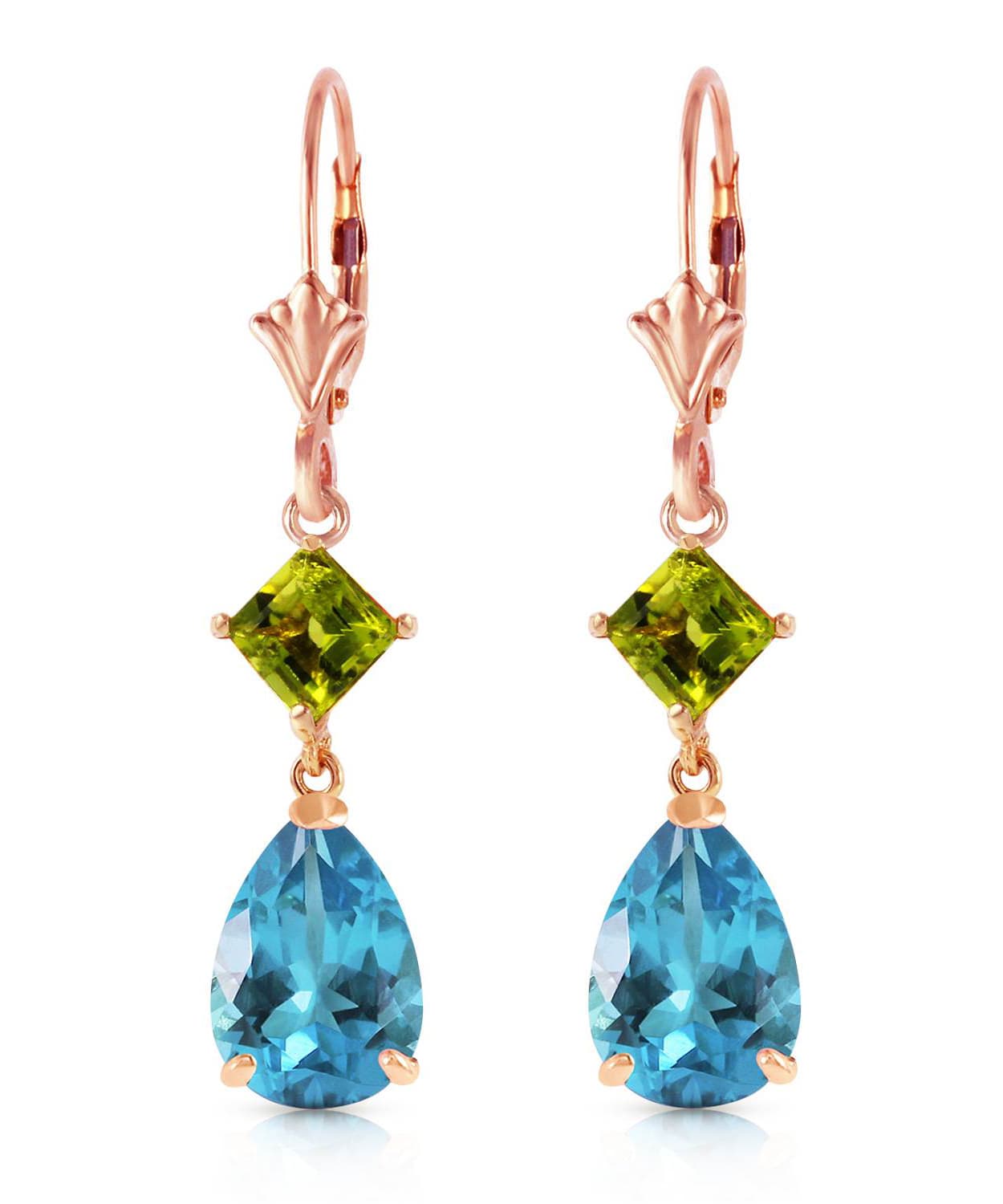 4.53 ctw Natural Swiss Blue Topaz and Lime Peridot 14k Gold Teardrop Dangle Earrings View 7