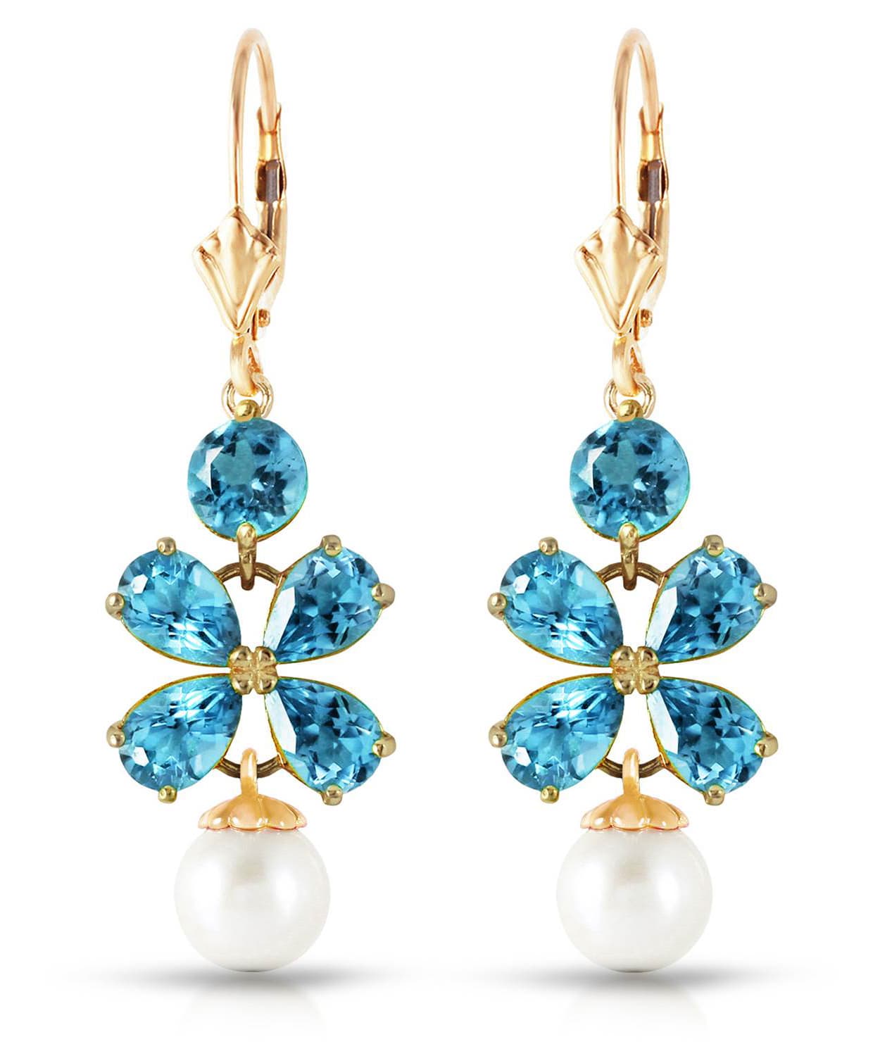 4.03 ctw Natural Swiss Blue Topaz and Freshwater Pearl 14k Gold Dangle Earrings View 1