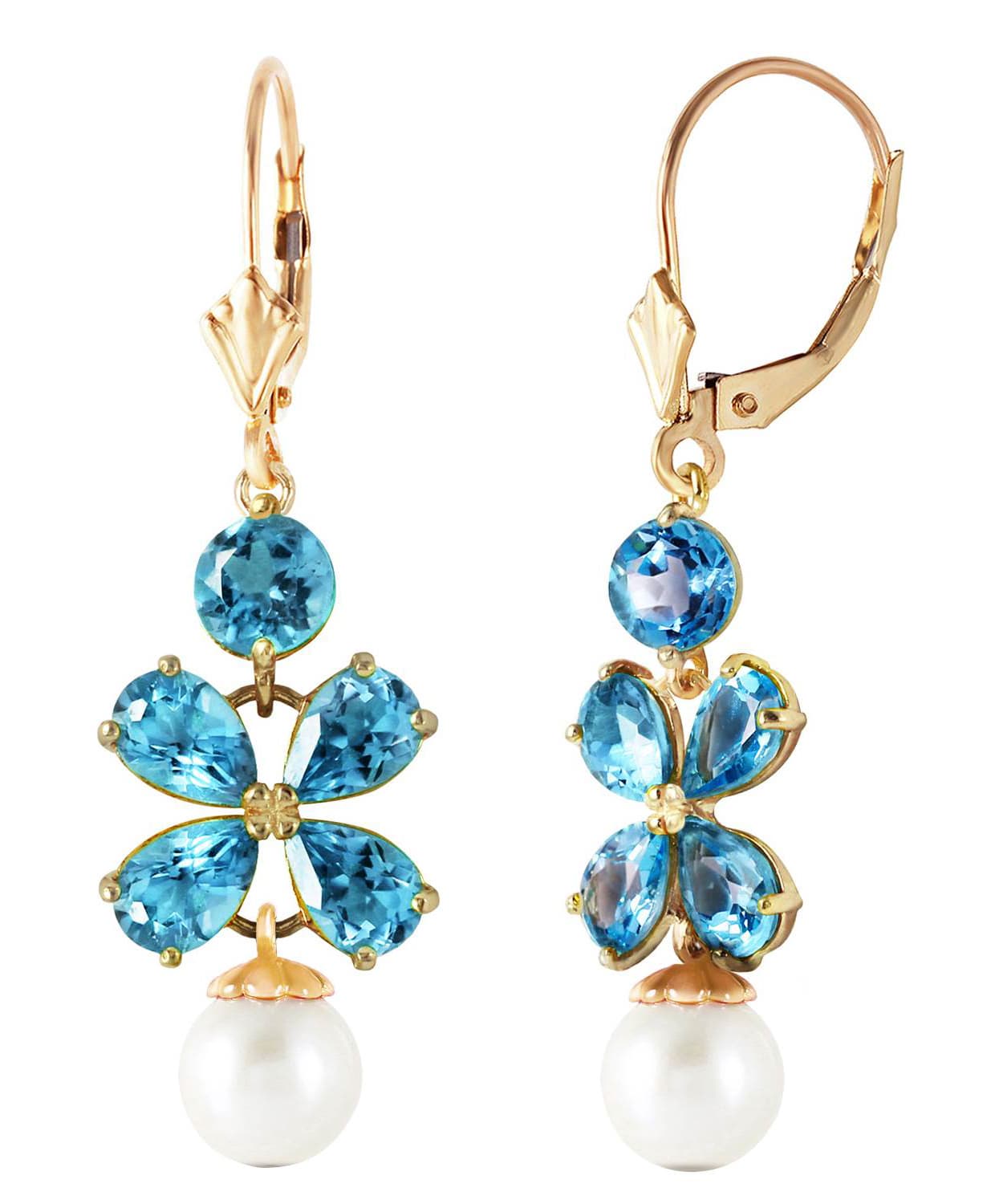 4.03 ctw Natural Swiss Blue Topaz and Freshwater Pearl 14k Gold Dangle Earrings View 2