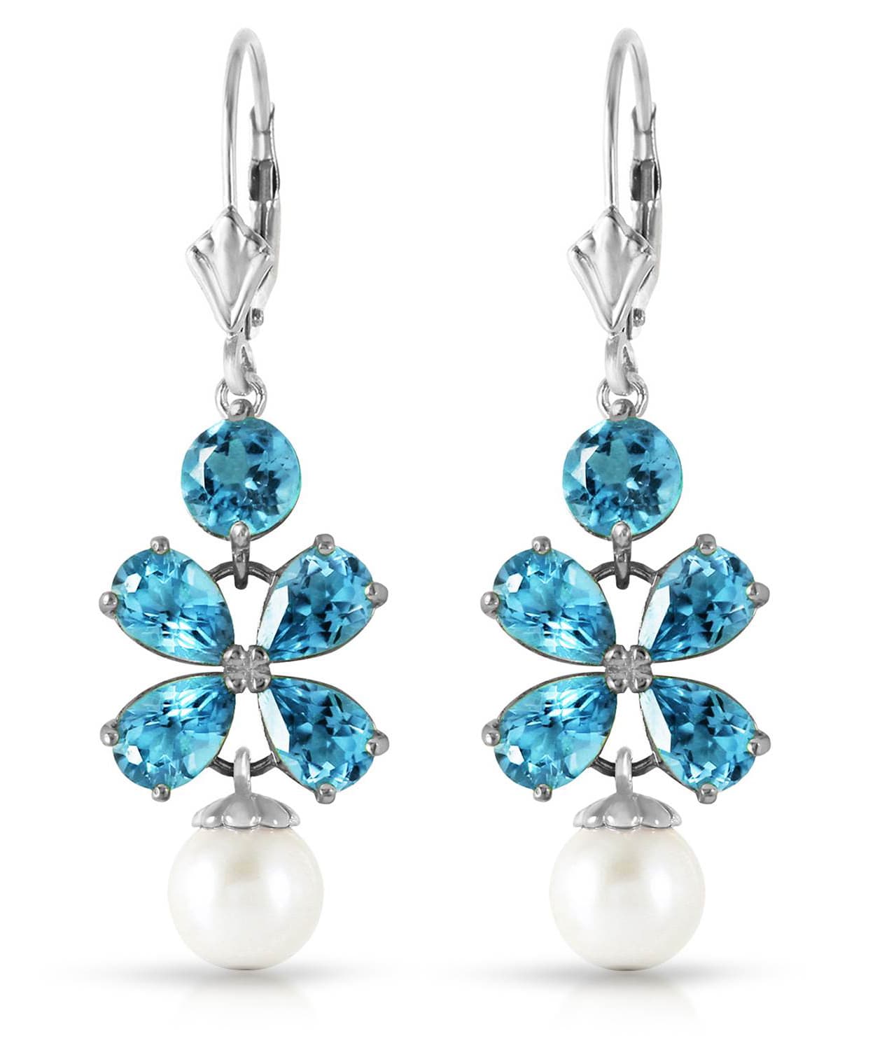 4.03 ctw Natural Swiss Blue Topaz and Freshwater Pearl 14k Gold Dangle Earrings View 3