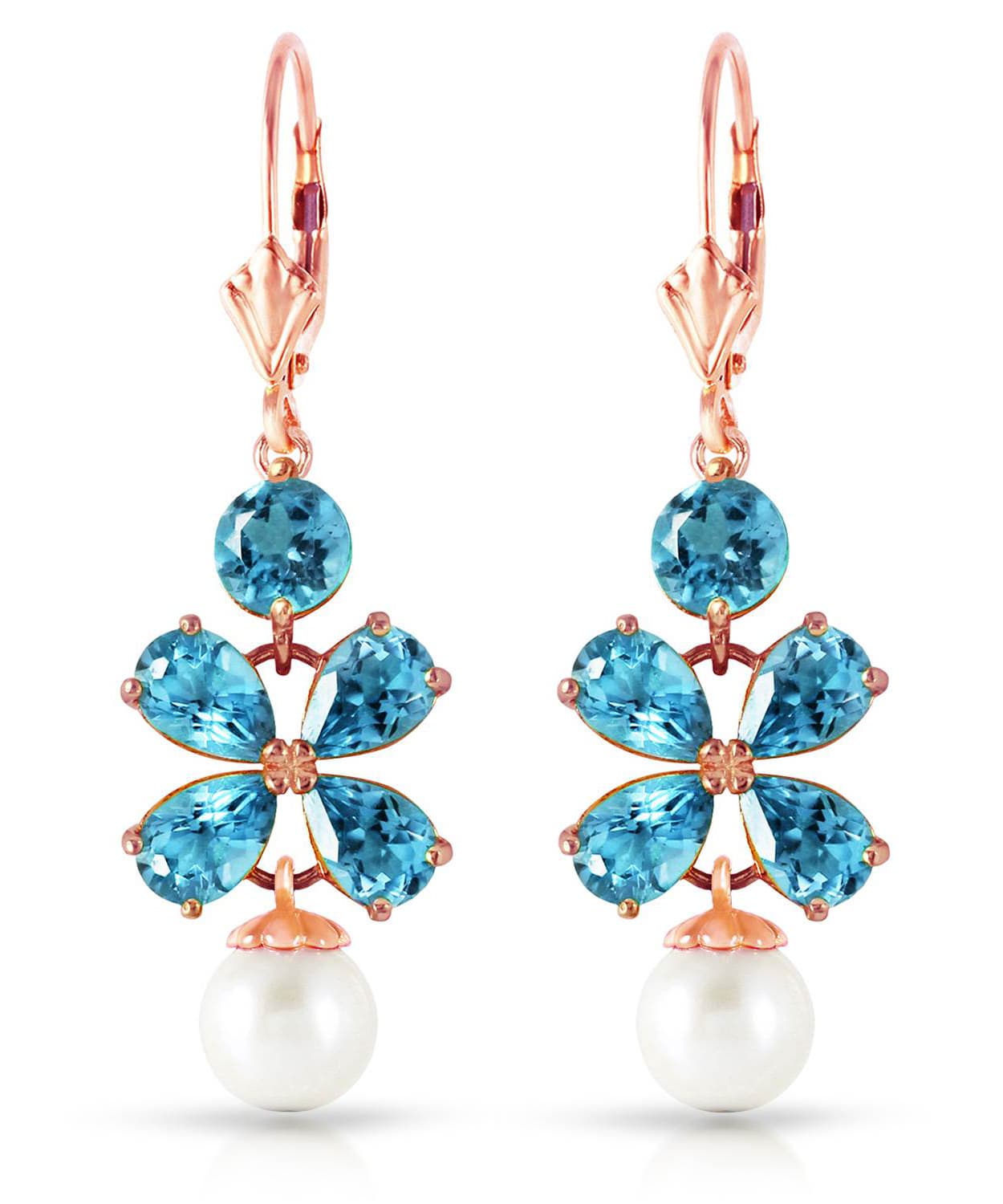 4.03 ctw Natural Swiss Blue Topaz and Freshwater Pearl 14k Gold Dangle Earrings View 5