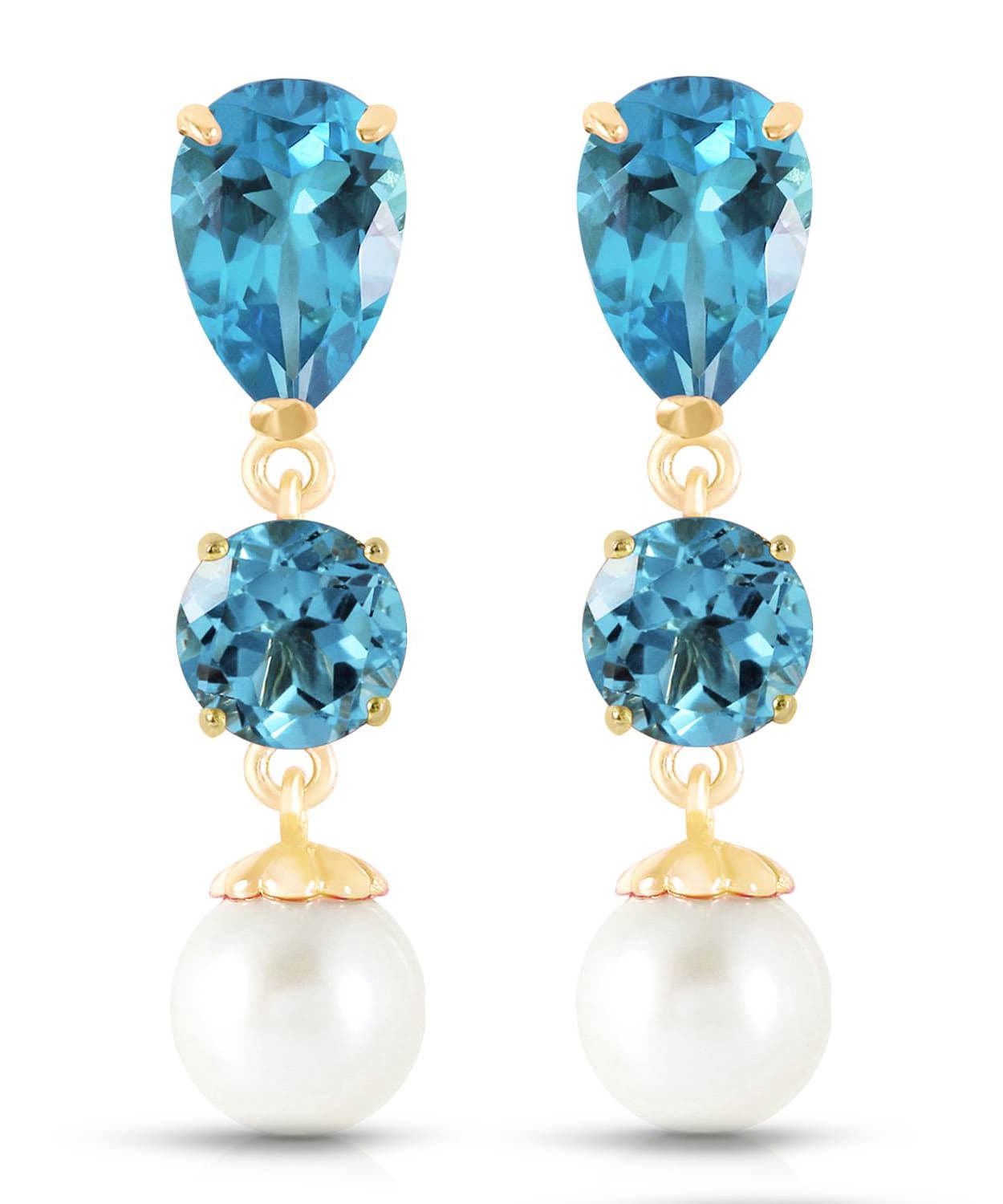 5.53 ctw Natural Swiss Blue Topaz and Freshwater Pearl 14k Gold Dangle Earrings View 1