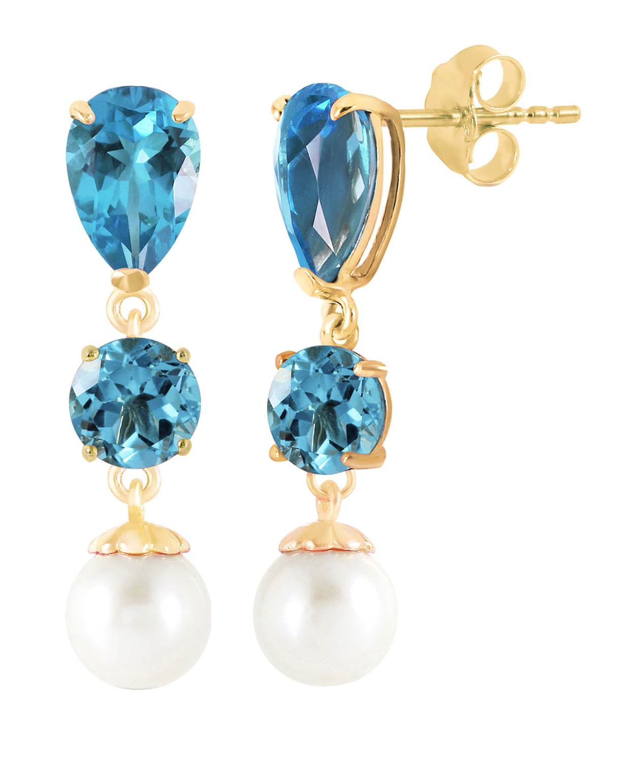 5.53 ctw Natural Swiss Blue Topaz and Freshwater Pearl 14k Gold Dangle Earrings View 2