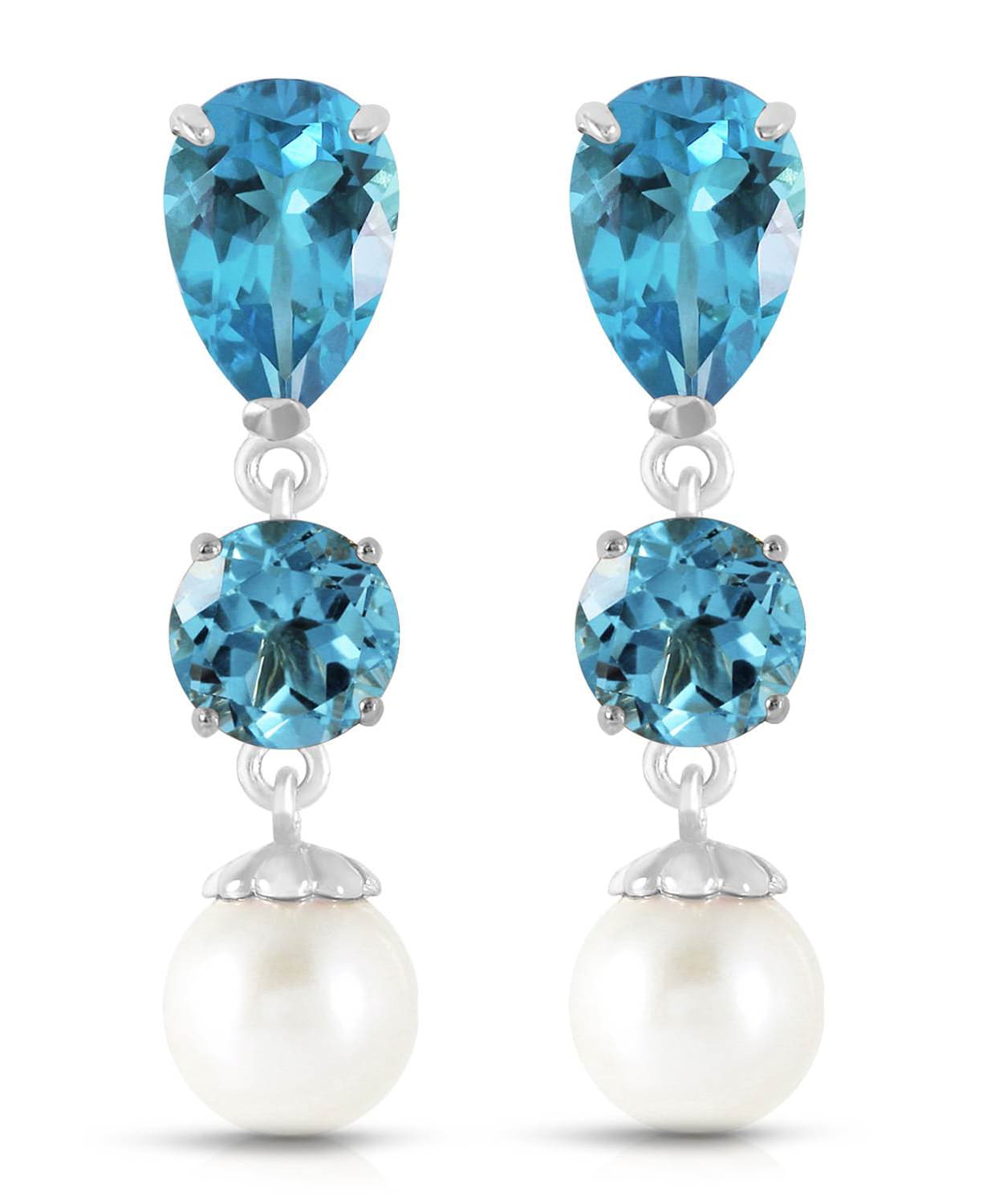 5.53 ctw Natural Swiss Blue Topaz and Freshwater Pearl 14k Gold Dangle Earrings View 3